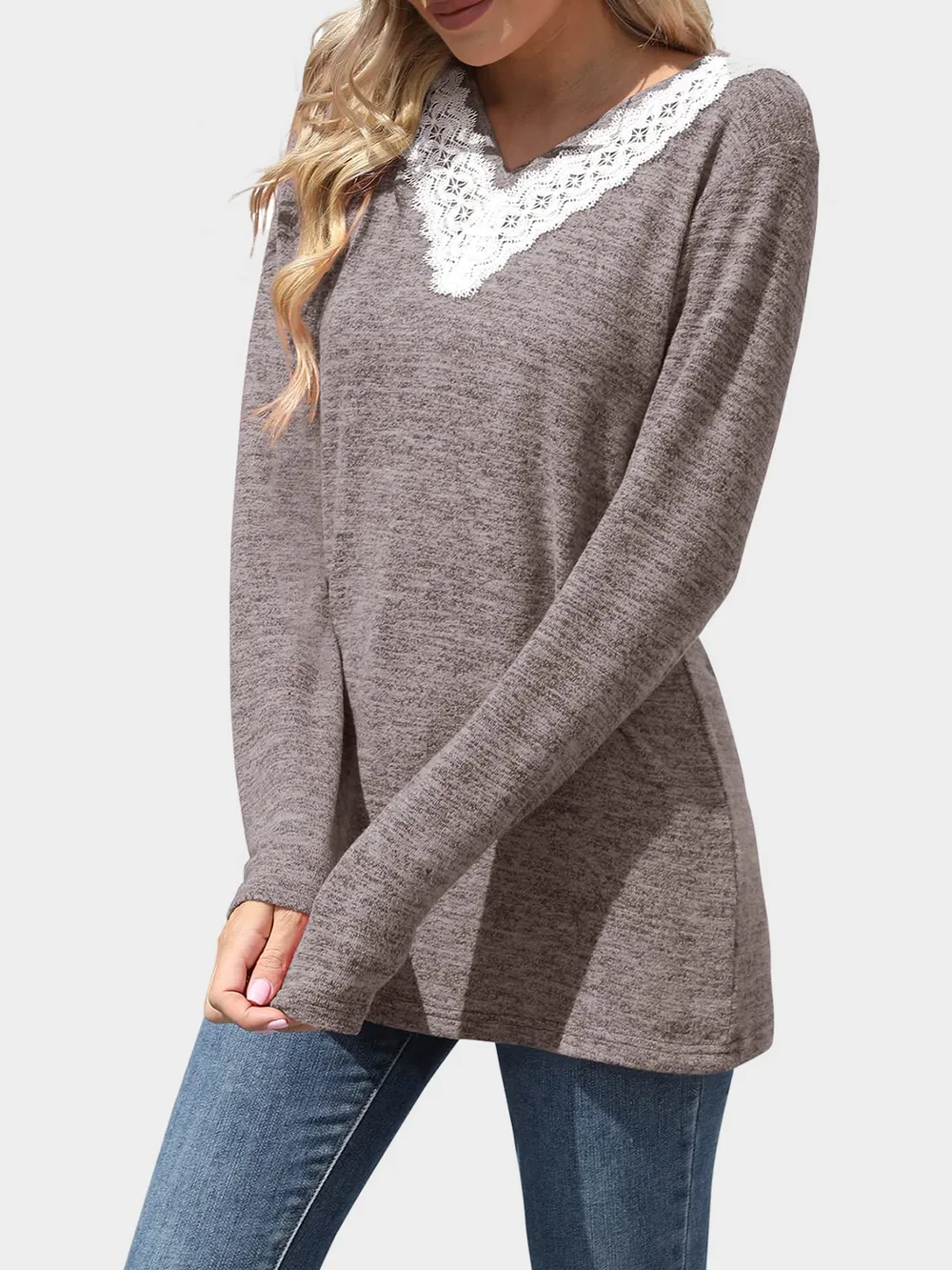Lace Detail V-Neck Long Sleeve T-Shirt, image 5
