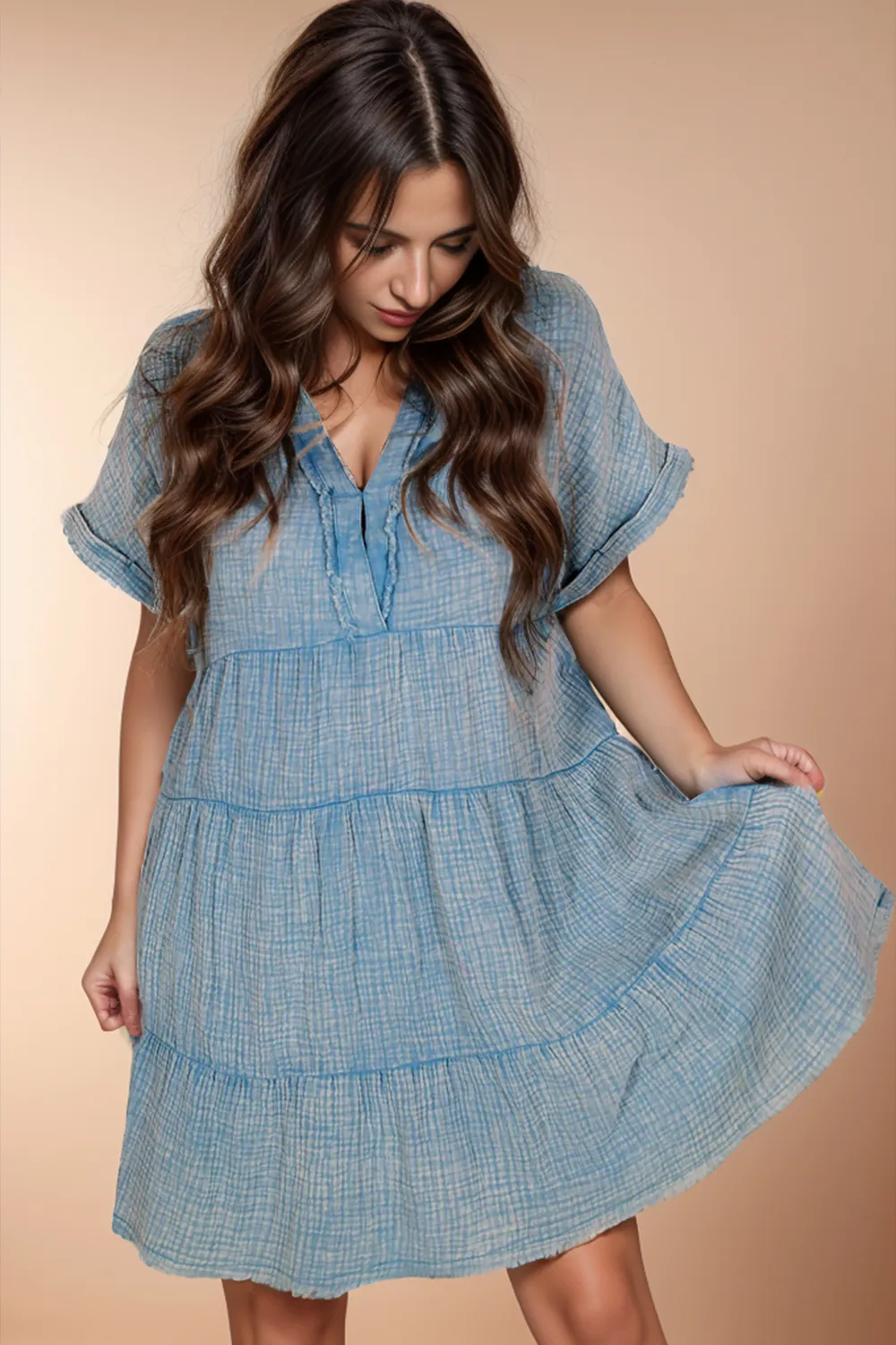 Tiered Notched Short Sleeve Dres, image 2