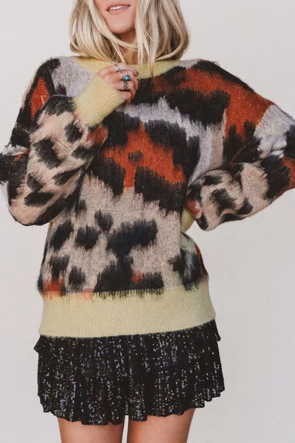 Leopard Print Drop Shoulder Long Sleeve Round Neck Sweater, image 3