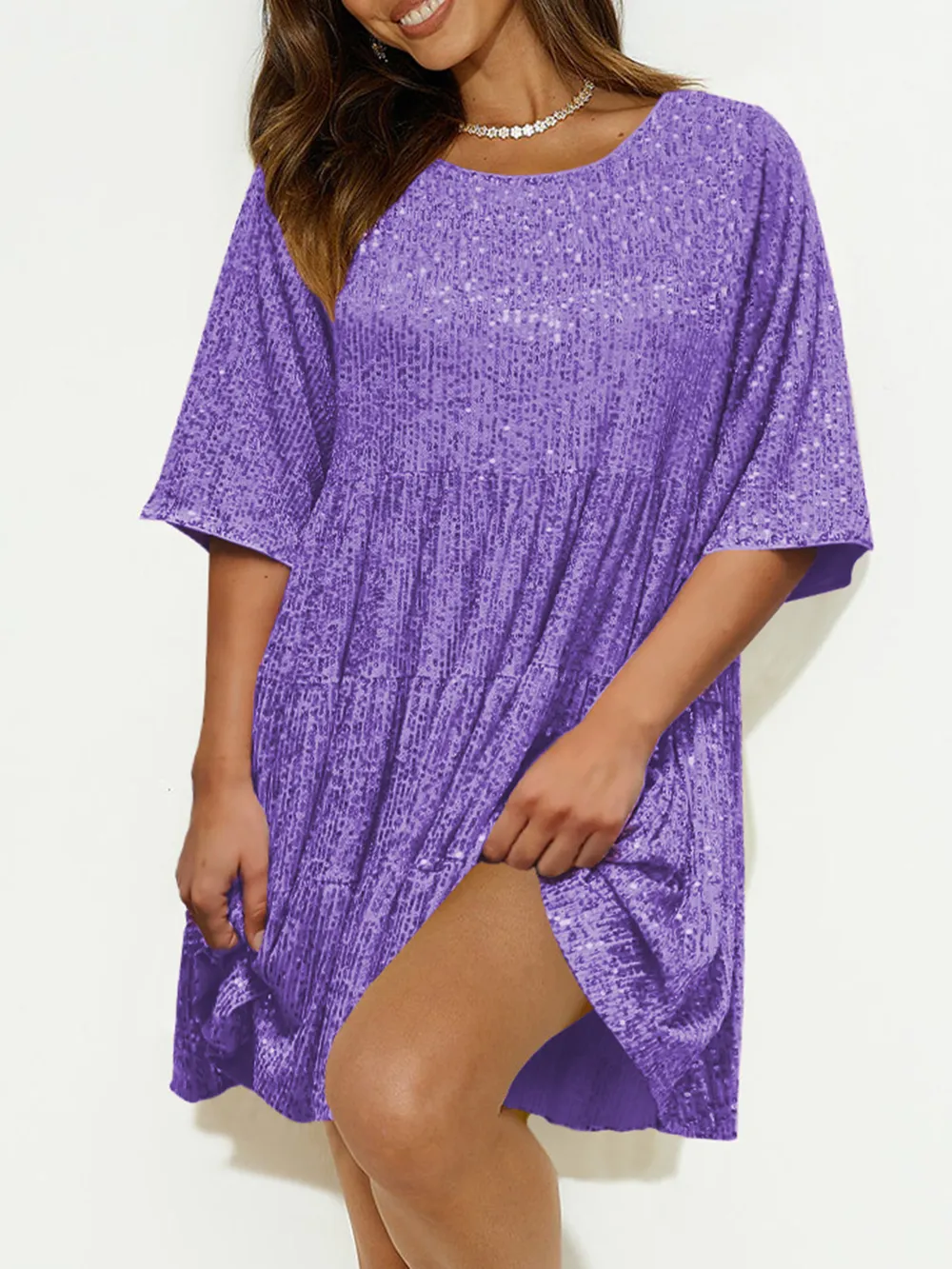 Sequin Round Neck Half Sleeve Mini Dress, image 3
