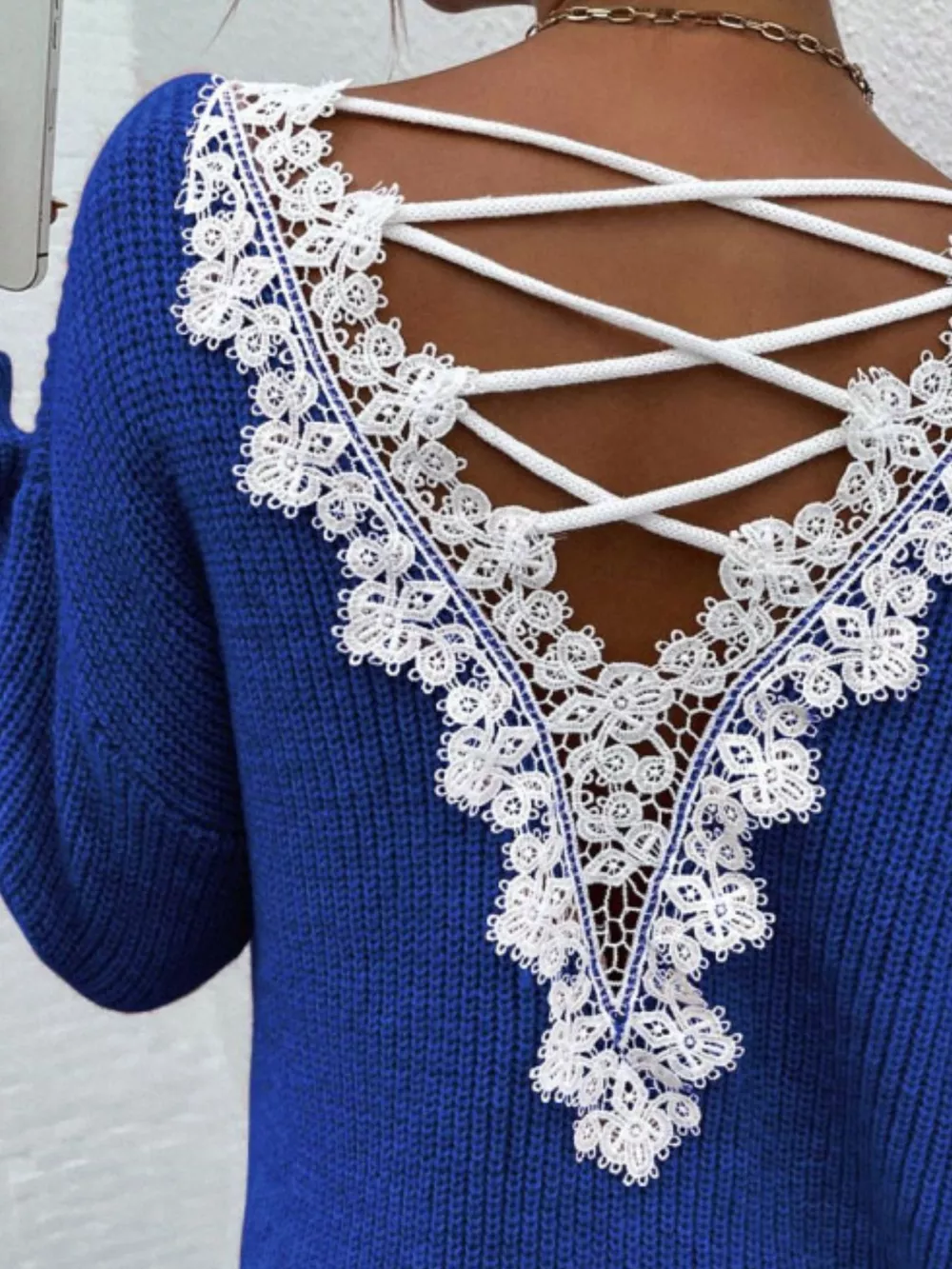 Lace-Trimmed Back V-Neck Sweater, image 8