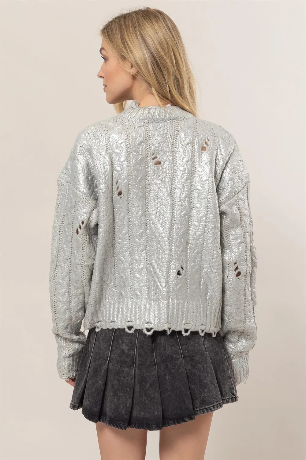 Distressed Cable-Knit Round Neck Long Sleeve Sweater, image 2