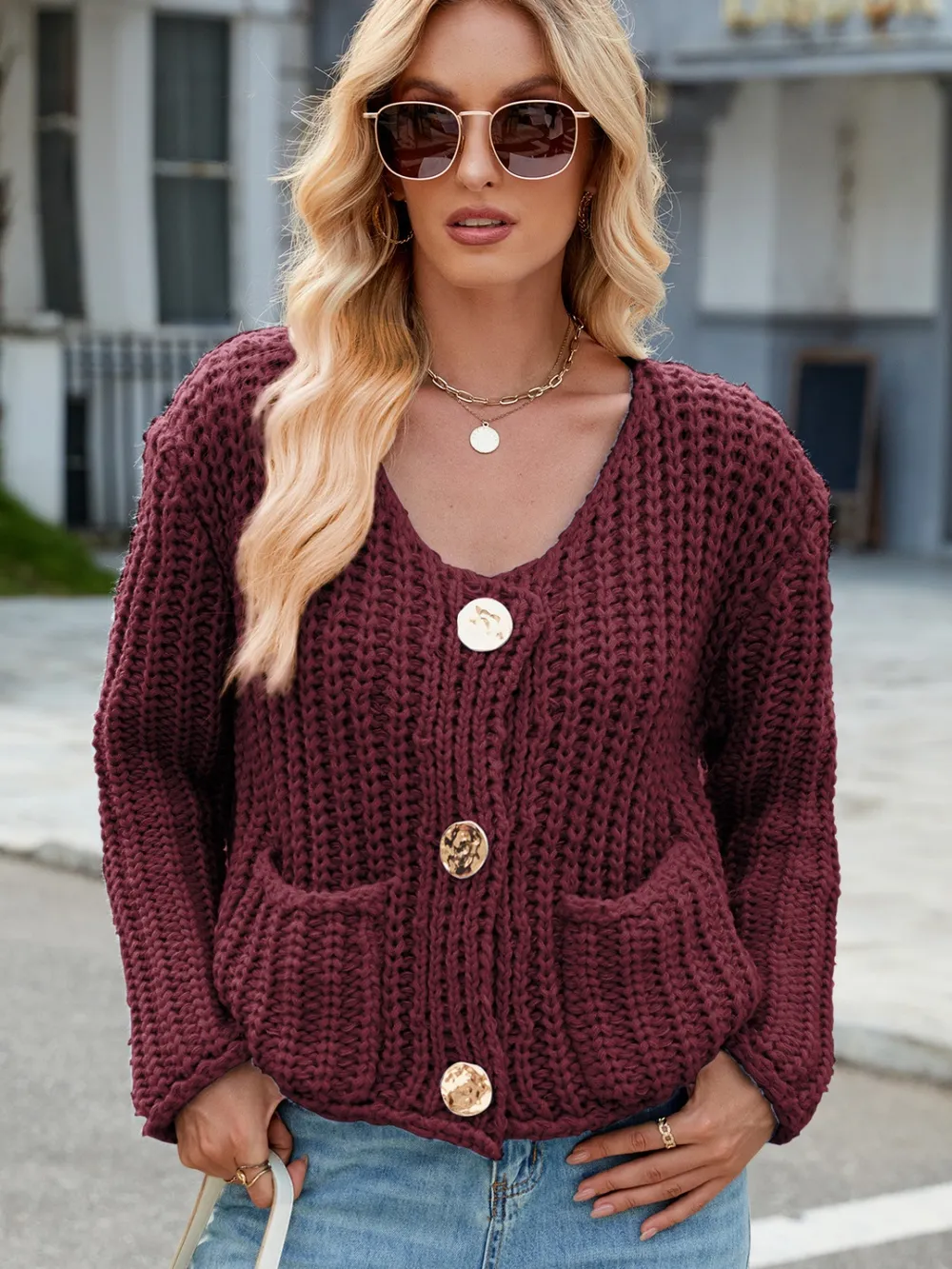 Round Neck Button Up Cardigan with Pockets, image 3