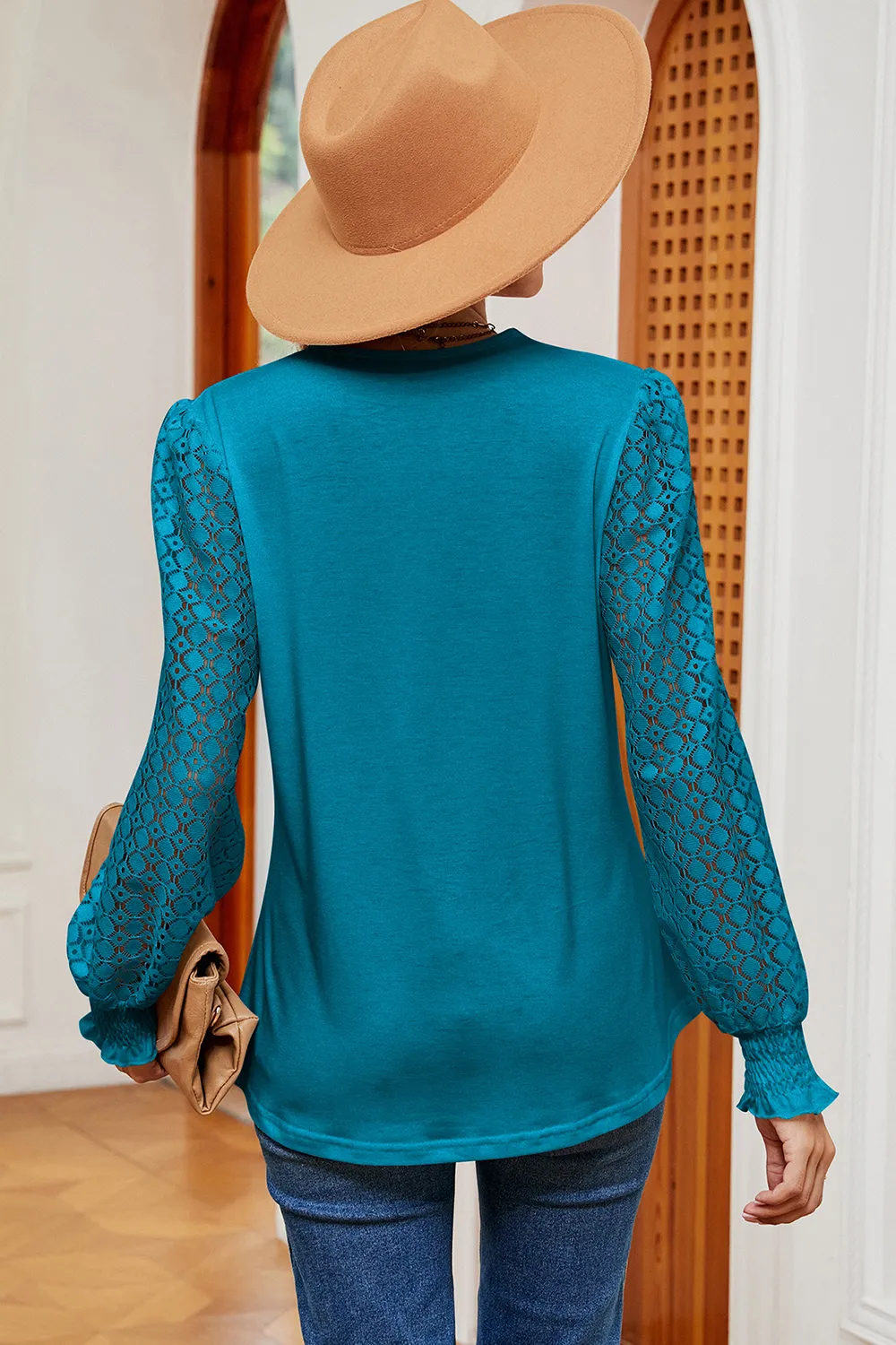 Openwork V-Neck Long Sleeve T-Shirt, image 15