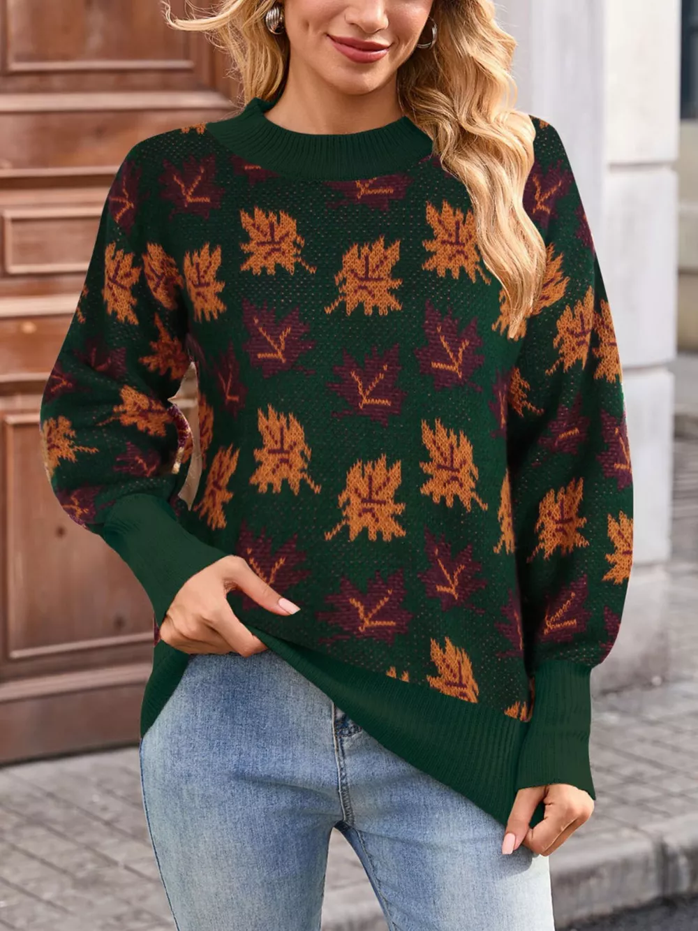 Autumn Leaf Pattern Mock Neck Sweater, image 7