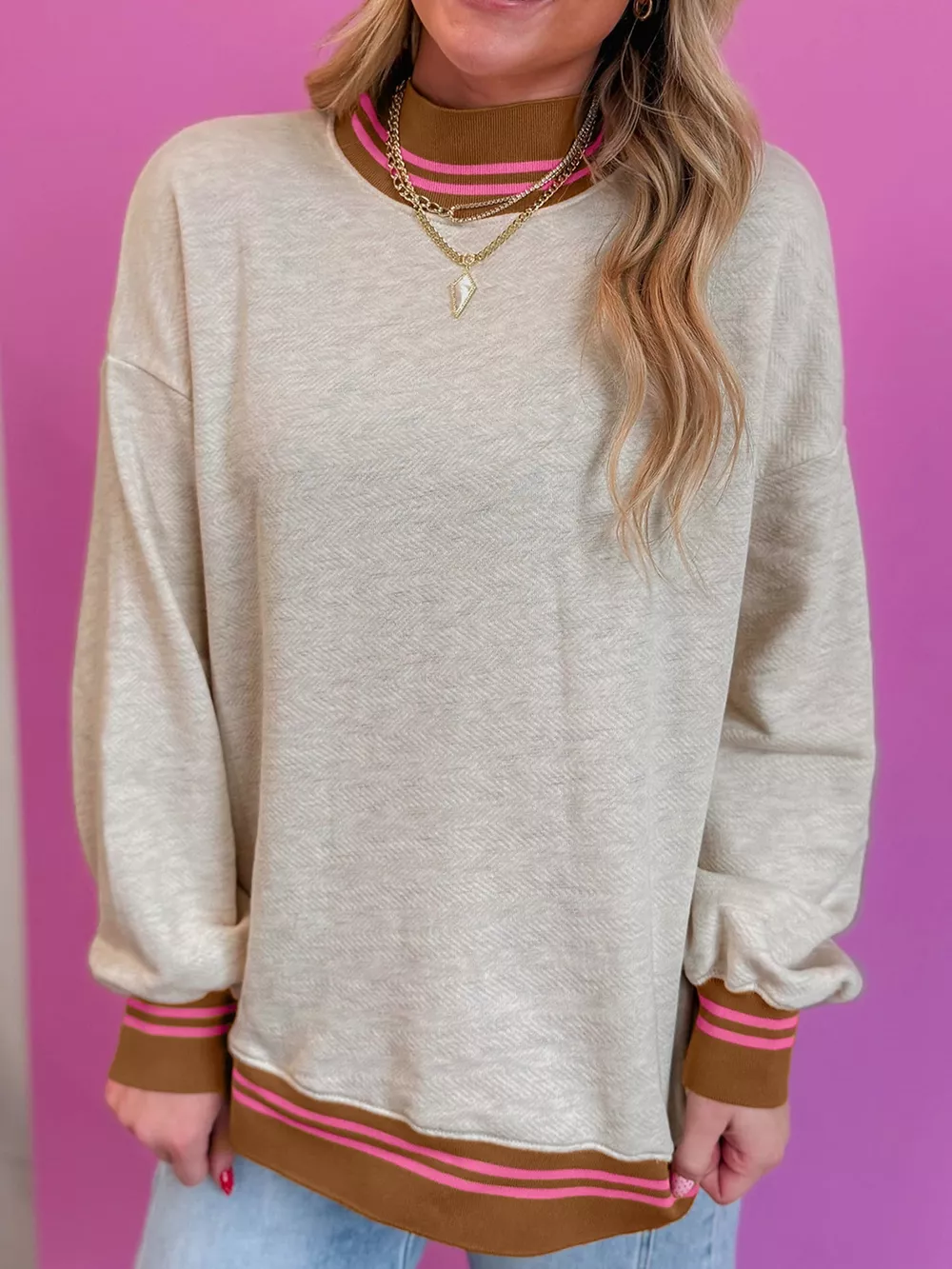 Ribbed Stand Neck Long Sleeve Loose Fit Sweatshirt, image 4