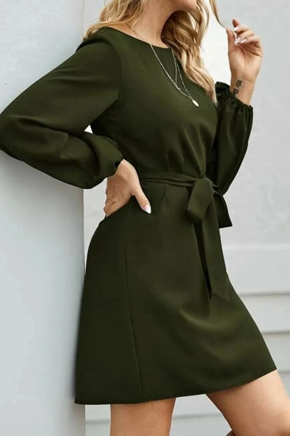 Tied Boat Neck Balloon Sleeve Mini Dress, image 20