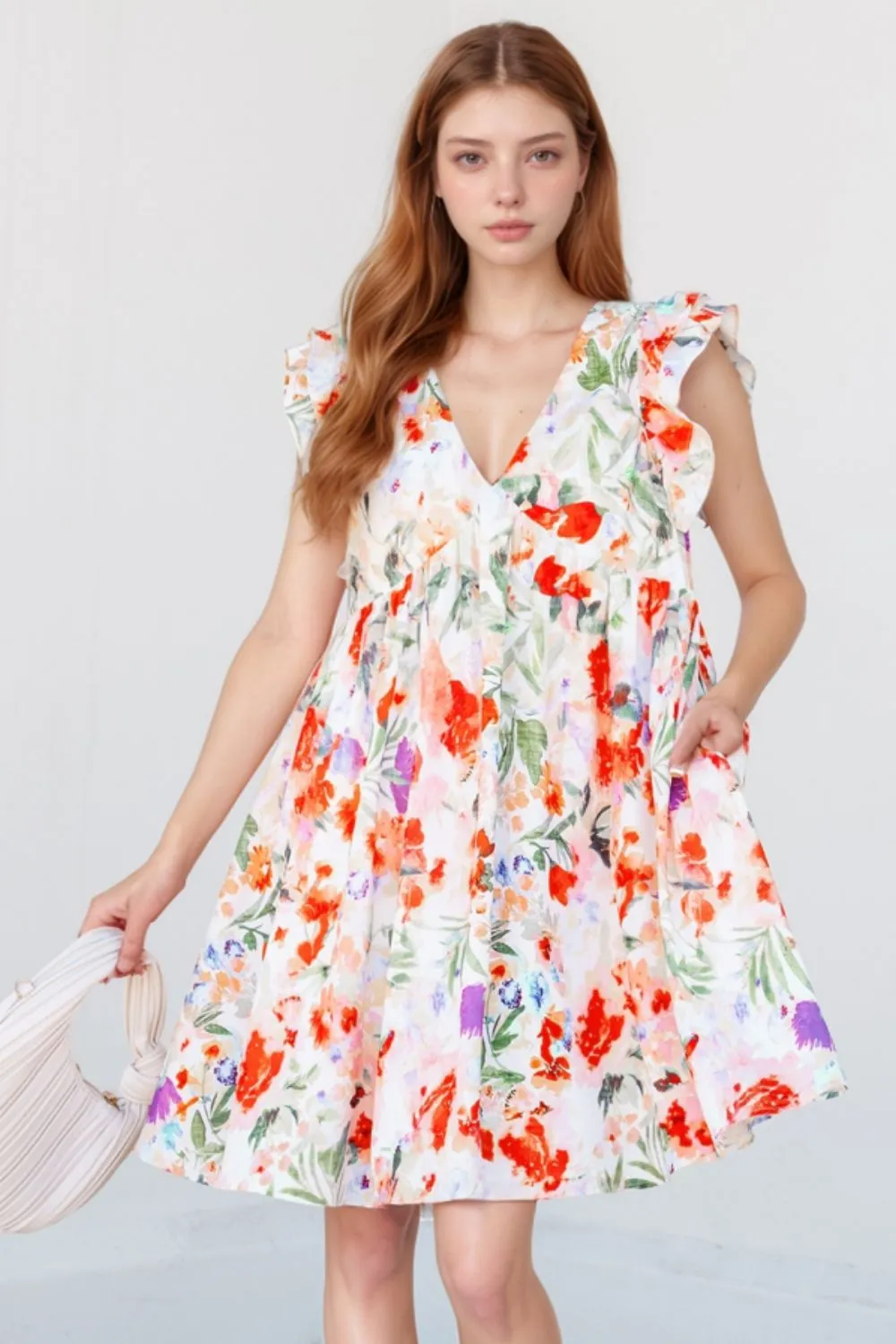 Floral Double Ruffle Sleeve V Neck Mini Dress, image 3