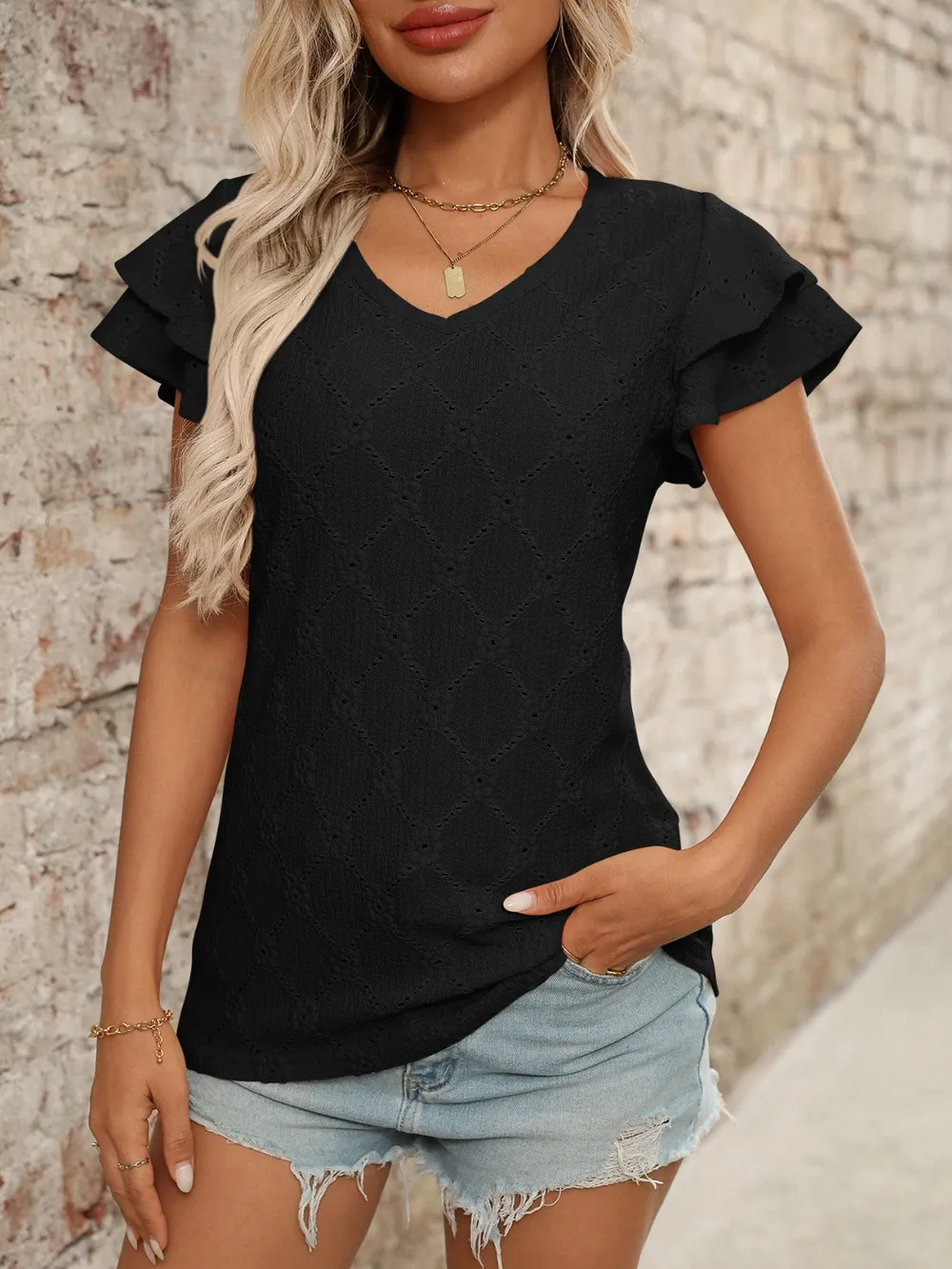 Eyelet V-Neck Ruffled Cap Sleeve Top, image 19