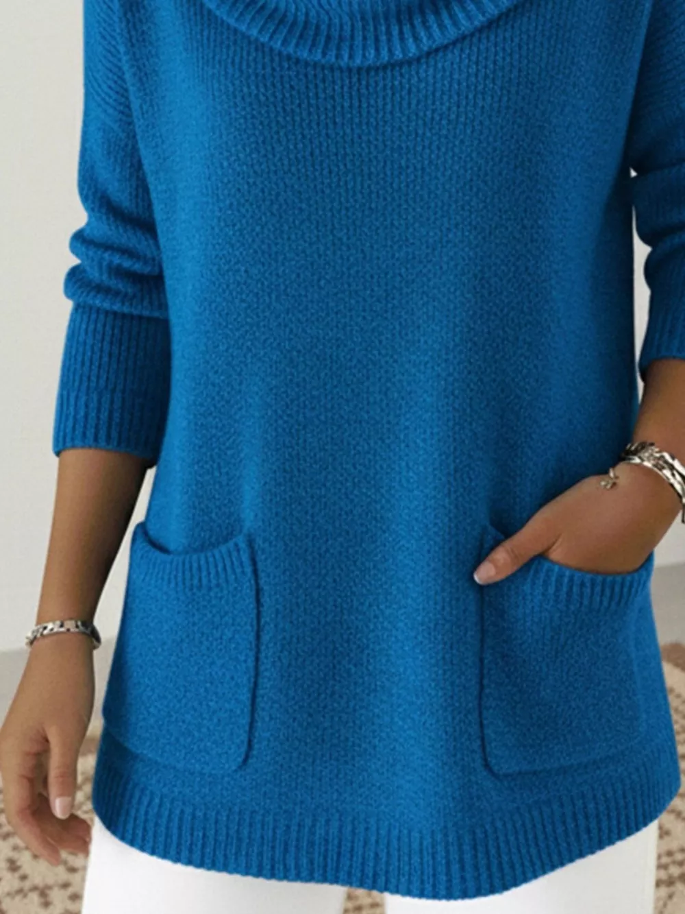 Full Size Cowl Neck Long Sleeve Sweater with Pockes Plus Size, image 2