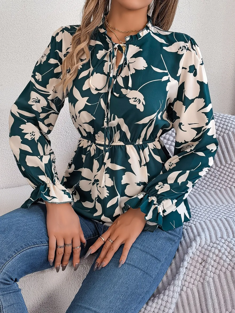 Printed Tie Neck Flounce Sleeve Blouse, image 13