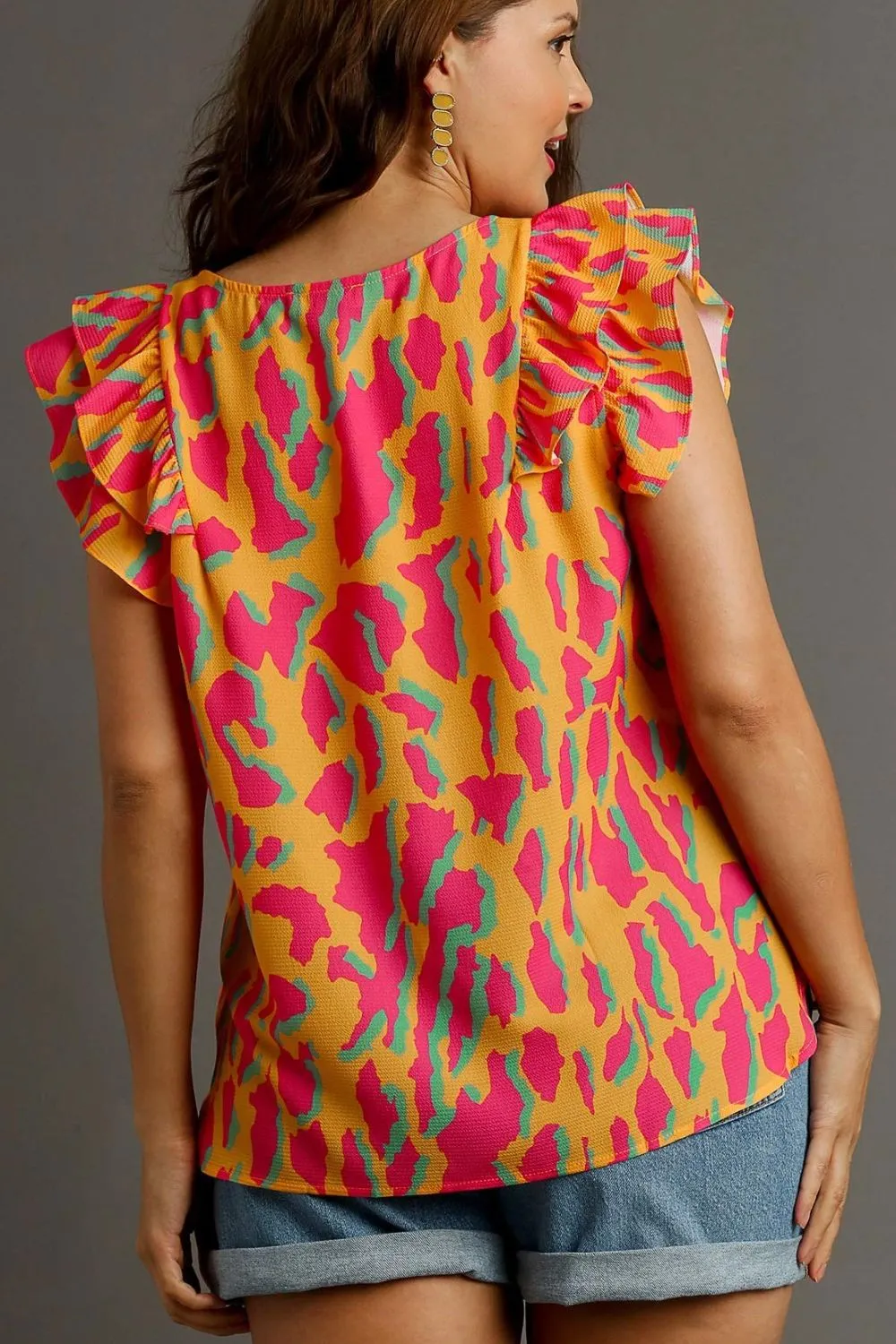 Full Size Abstract Print V-Neck Double Layer Ruffle Sleeve Blouse Plus Size, image 5