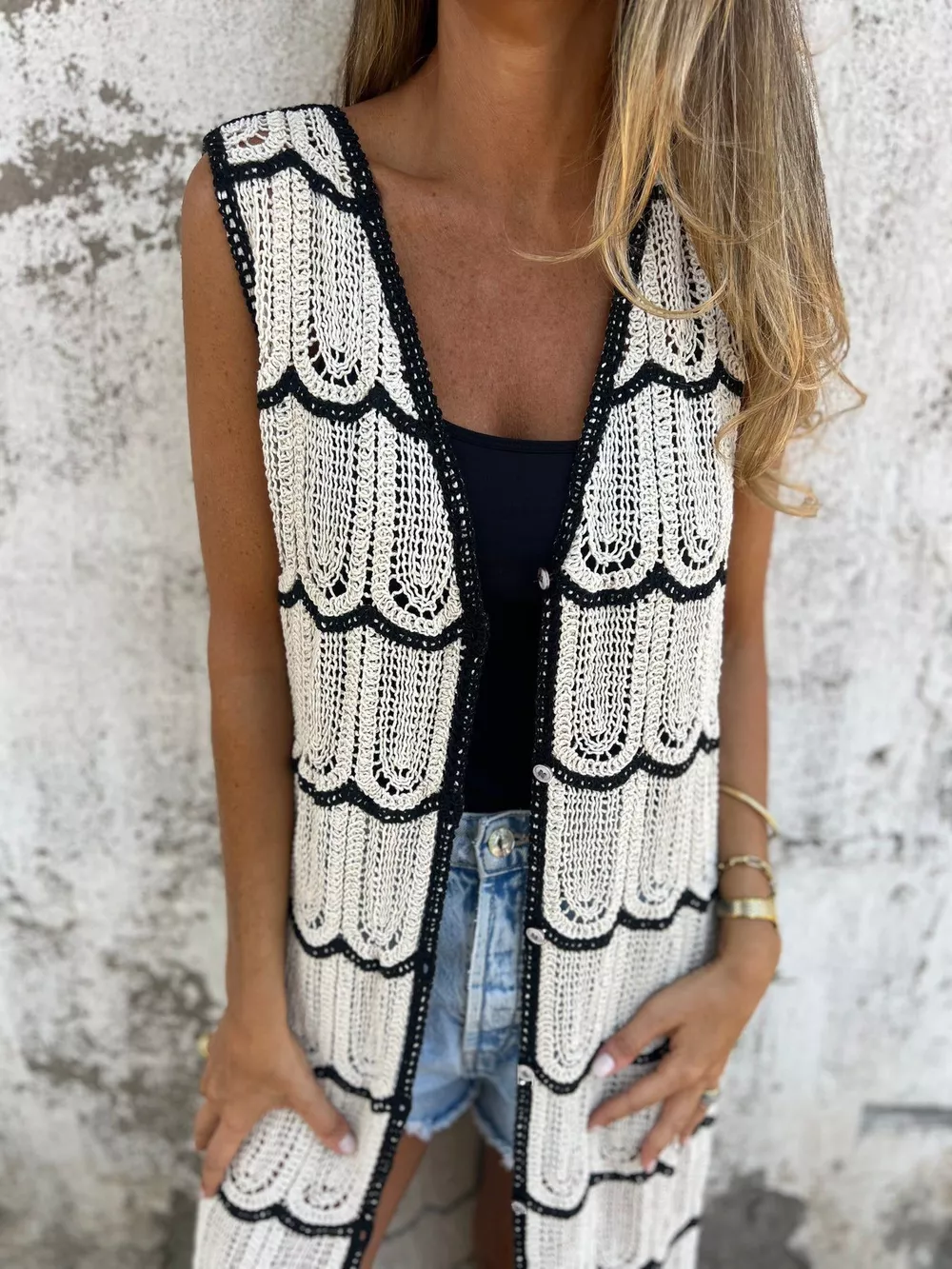 Sleeveless Crochet Longline Cardigan, image 3