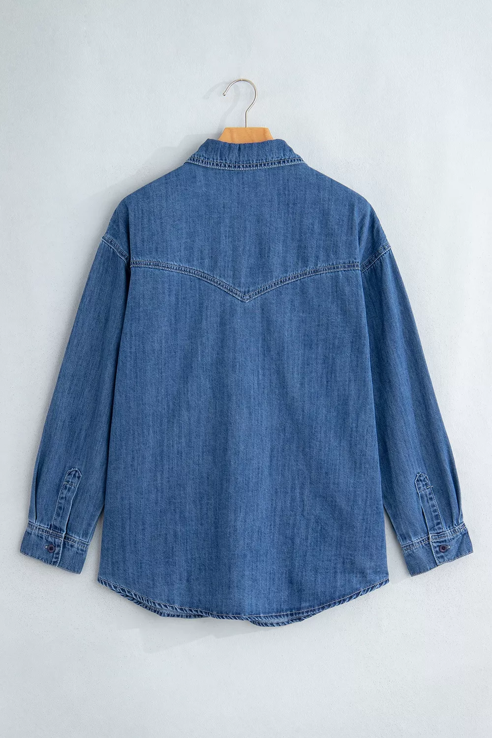 Western Patch Pockets Tunic Length Long Sleeve Denim Shirt, image 8