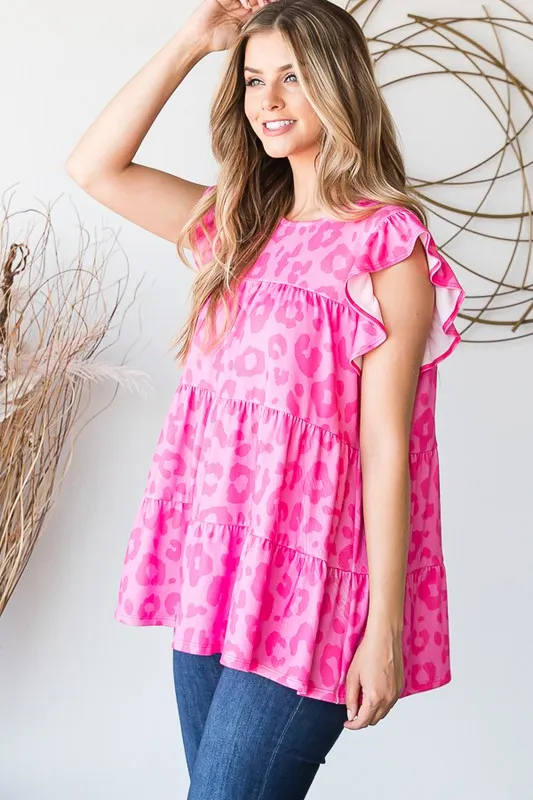 Full Size Tiered Leopard Round Neck Blouse with Ruffled Detail Plus Size, image 2