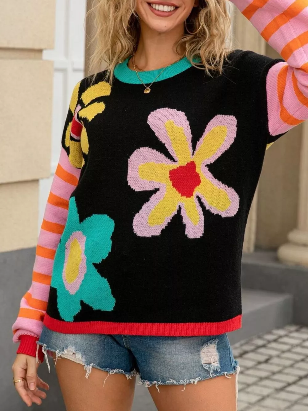 Floral Striped Crew Neck Sweater, image 4