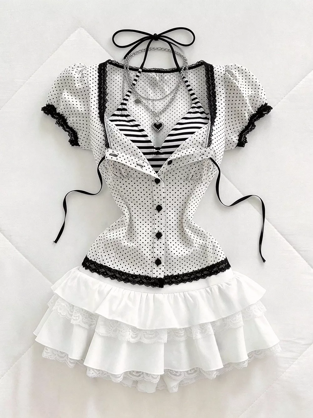 Polka Dot Lace Trim Puff Sleeve Top, image 4