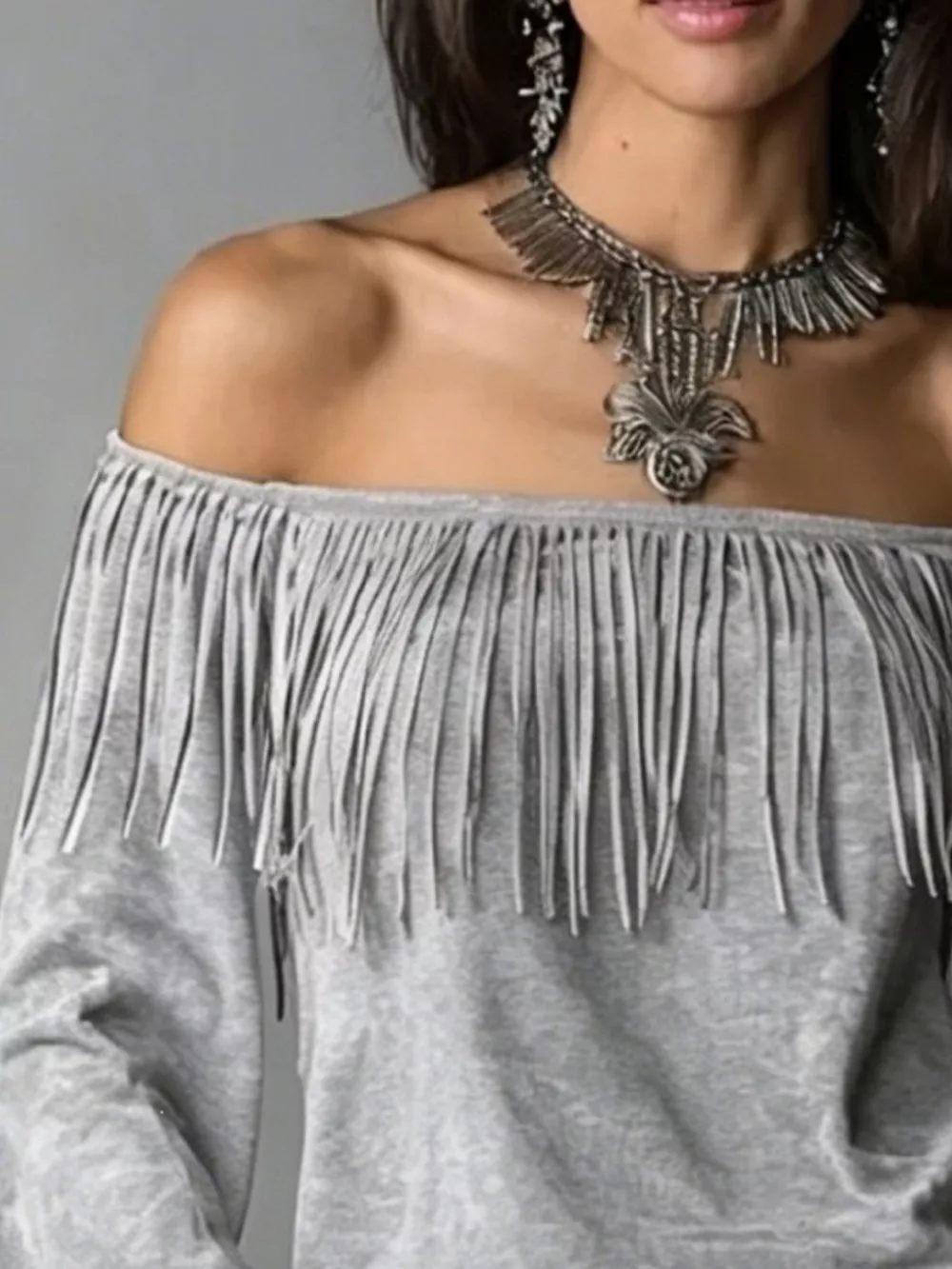 Boho Chic Off-Shoulder Fringed Suede Top, image 11