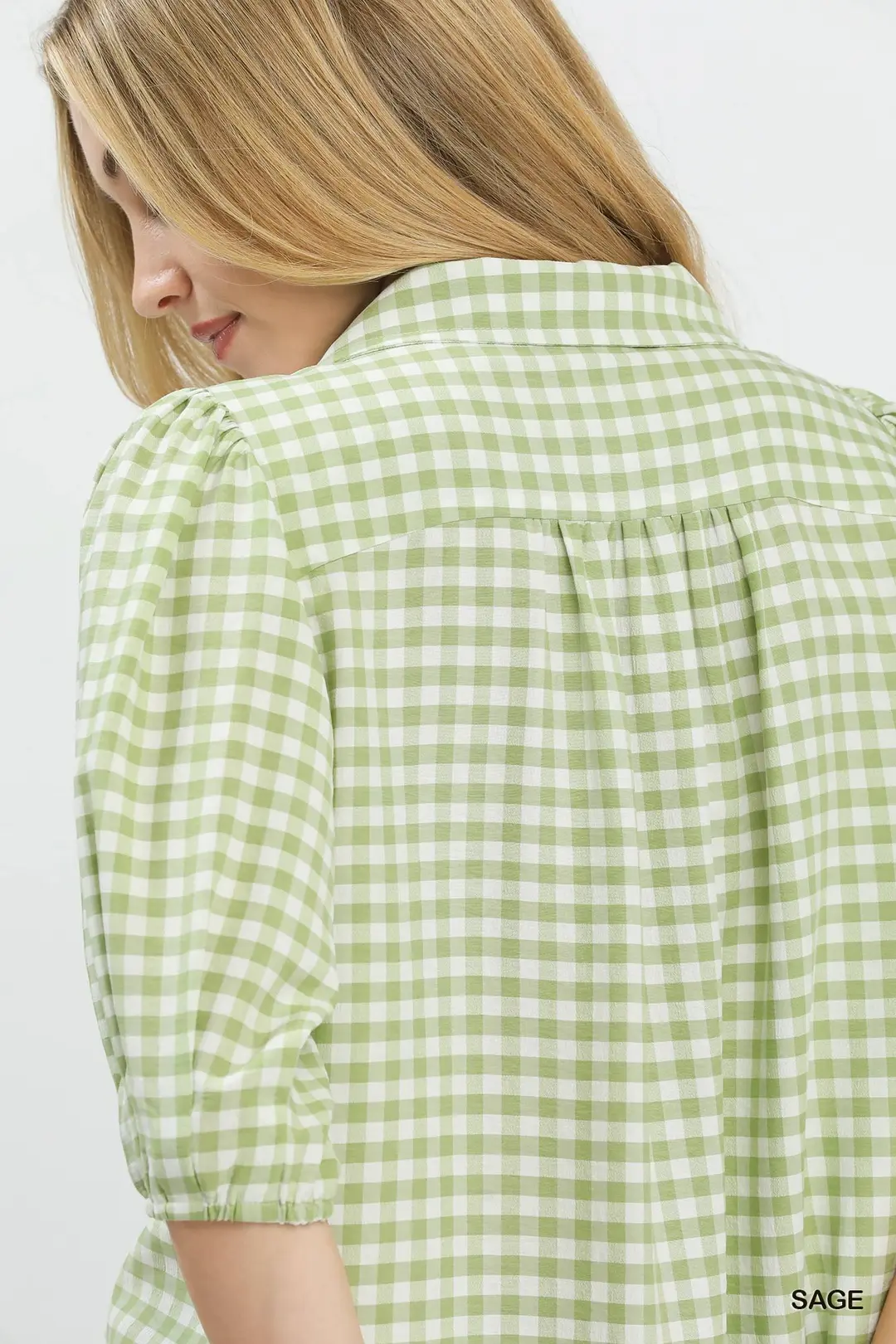 Gingham Puff Sleeve Collared Blouse, image 4