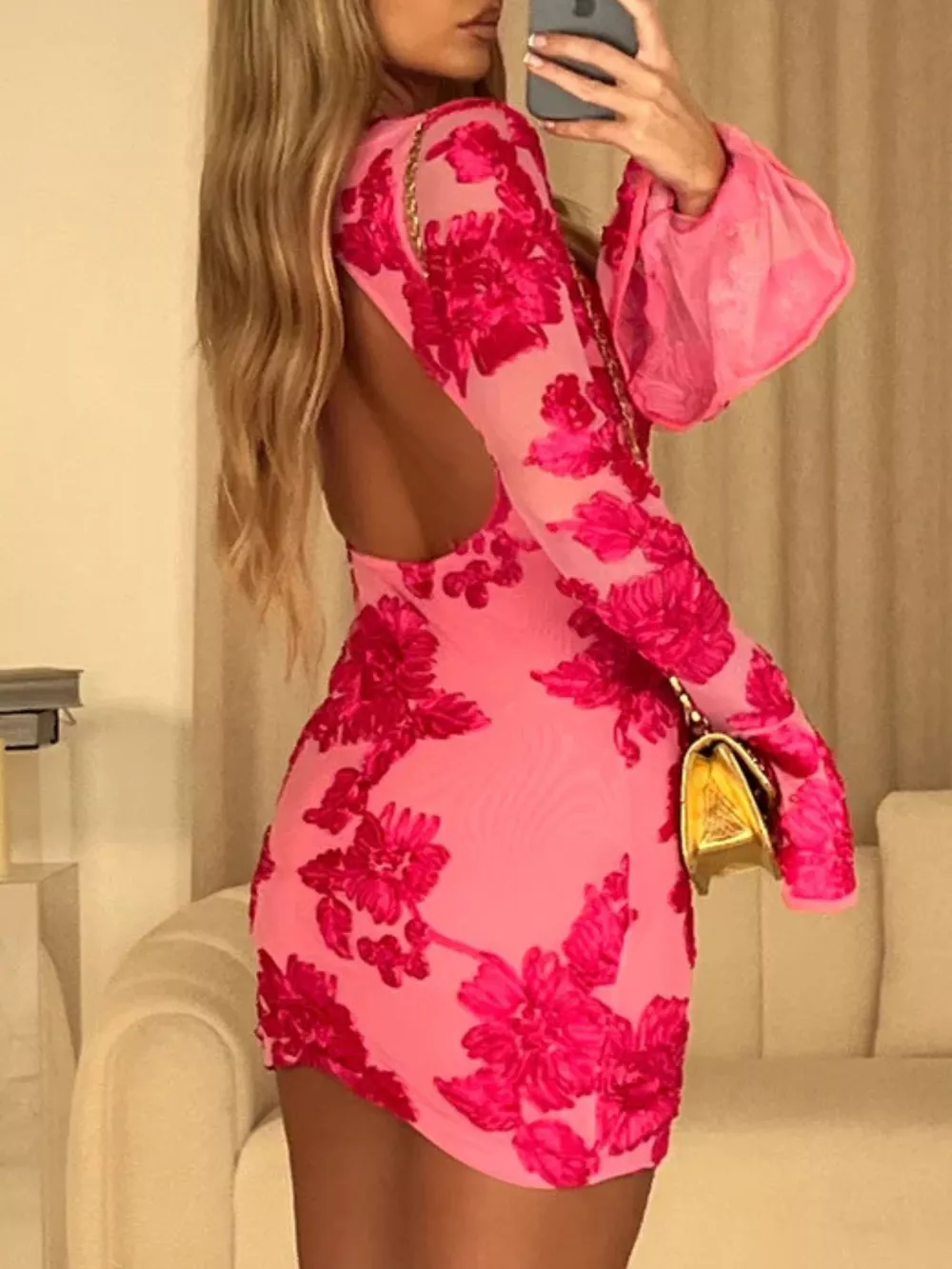 Backless Floral Flounce Sleeve Dress, image 5
