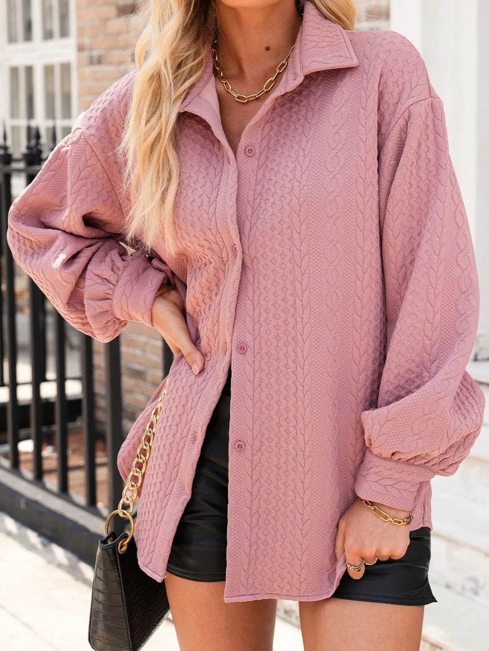 Cable Texture Puff Sleeve Loose Shacket, image 6