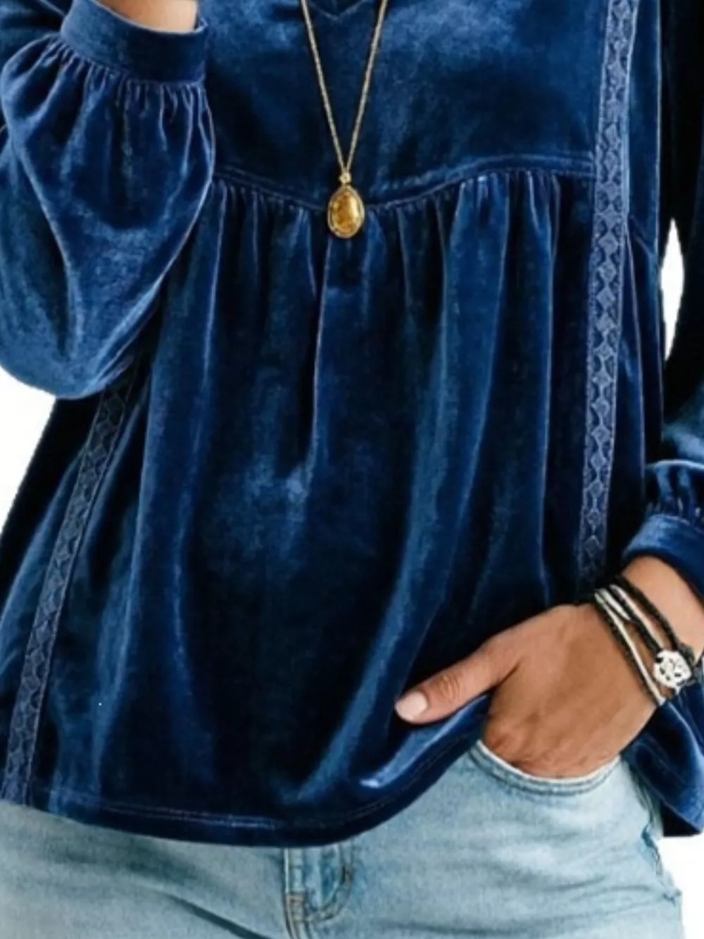 Full Size V-Neck Long Sleeve Velvet Blouse with Lace Trim Plus Size, image 7