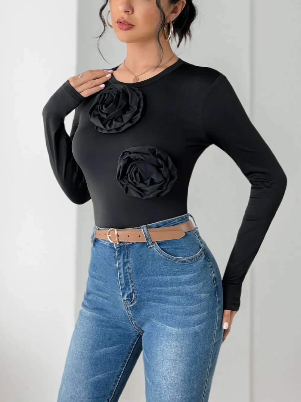 Flower Round Neck Long Sleeve Bodysuit, image 4