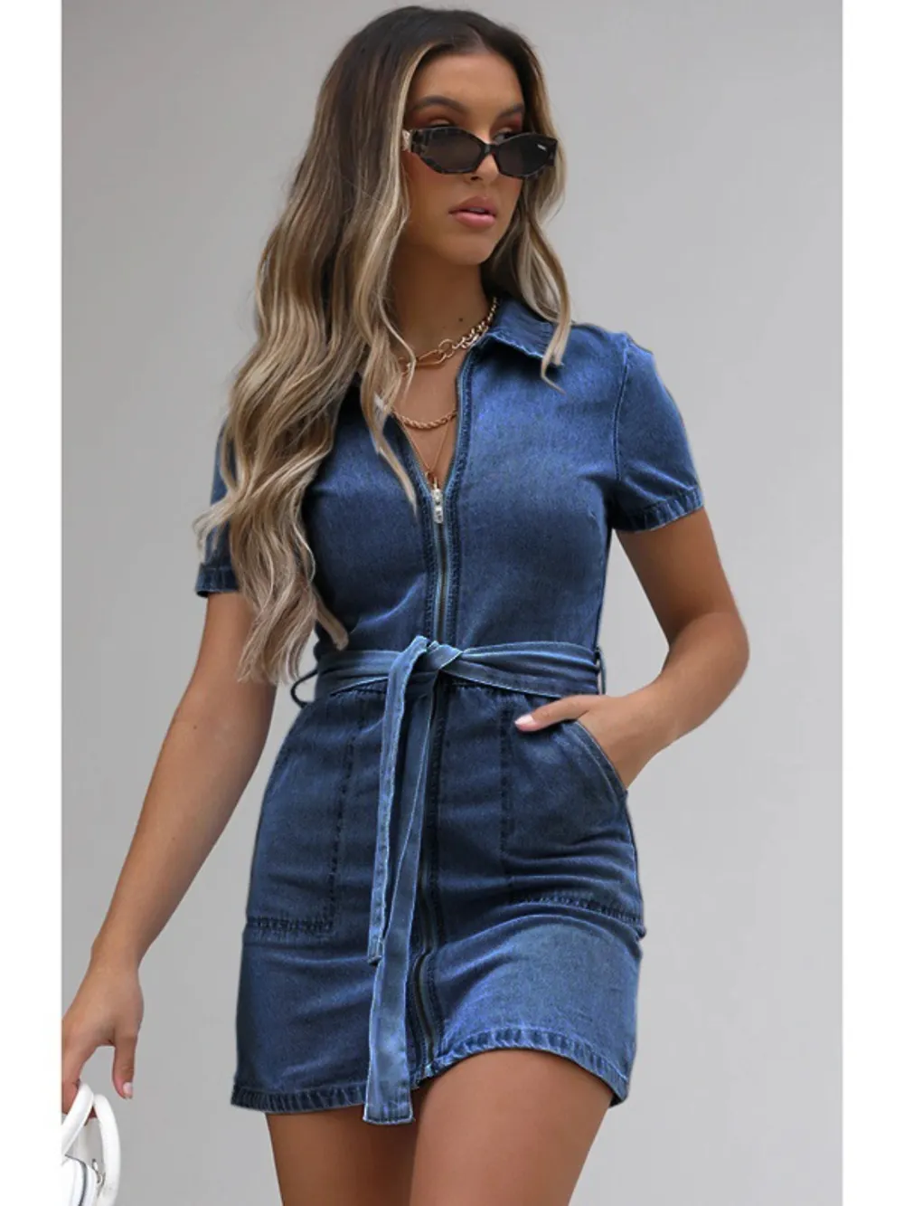 Full Size Zip Front Short Sleeve Denim Dress Plus Size, image 6