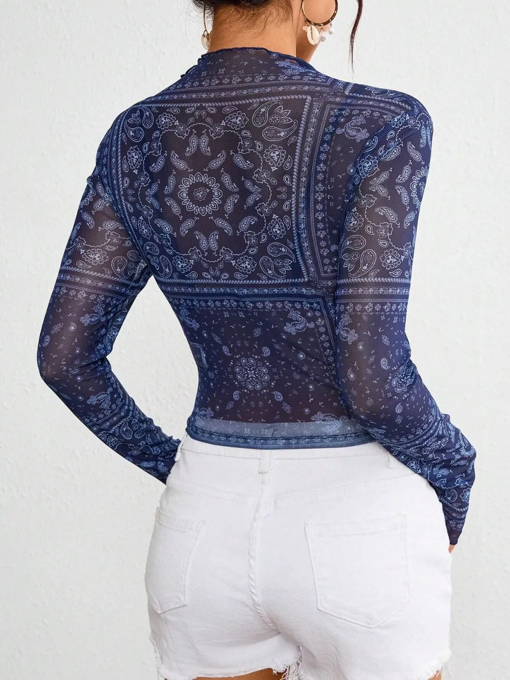 Paisley Mock Neck Long Sleeve Sheer Top, image 2