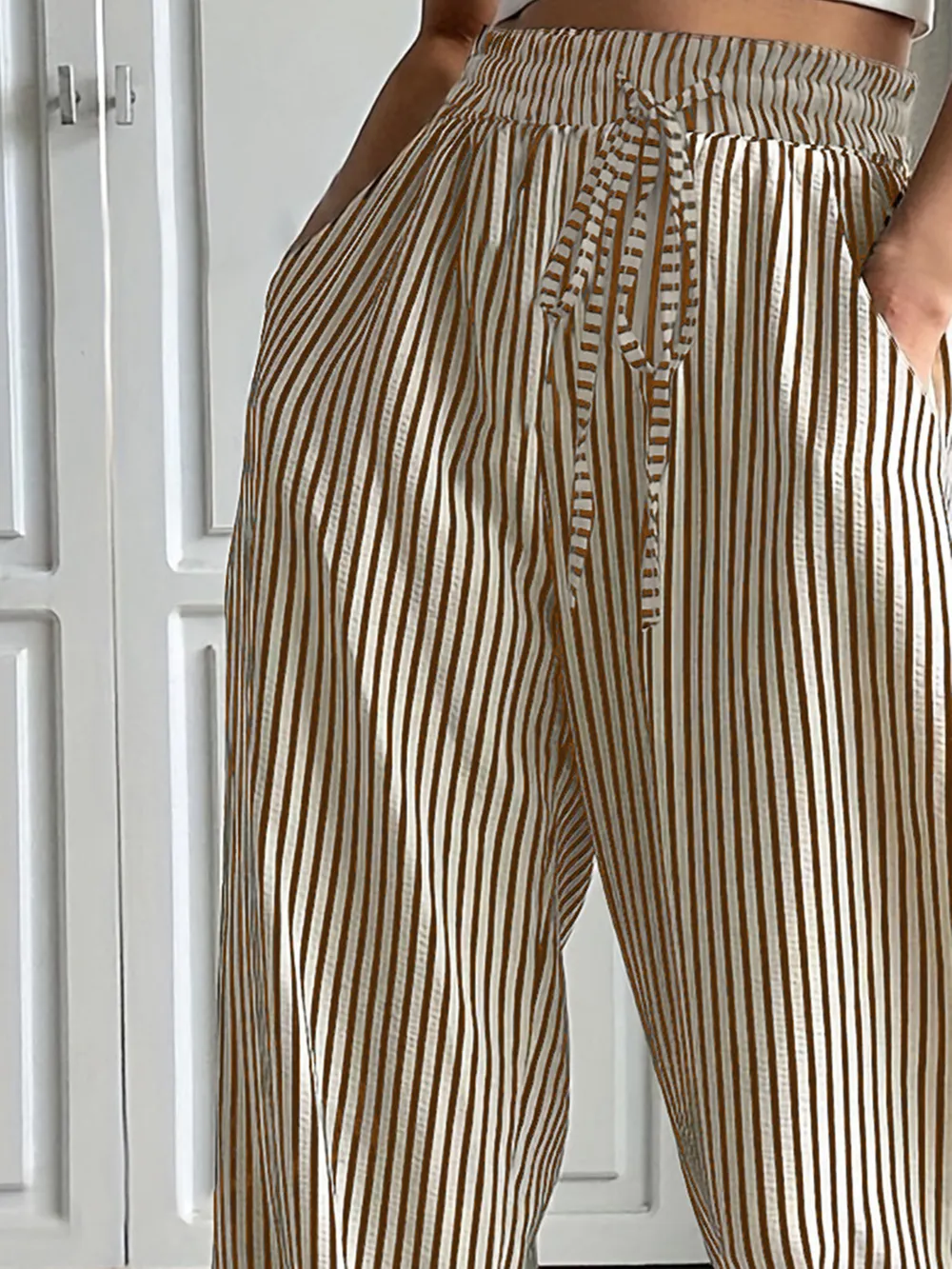 Drawstring Striped Elastic Waist Pants, image 6