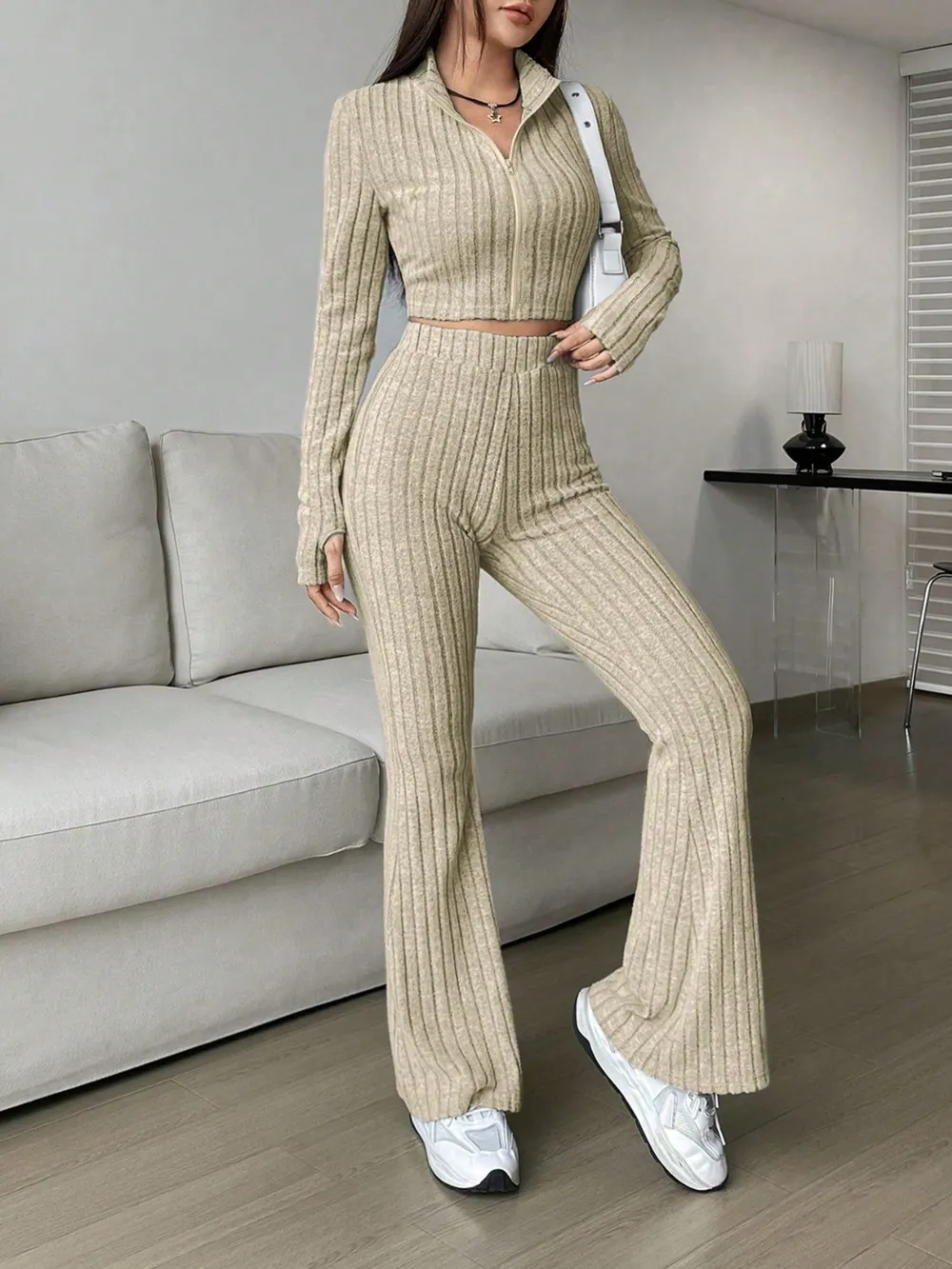 Zip Up Long Sleeve Top and Pants Set, image 2