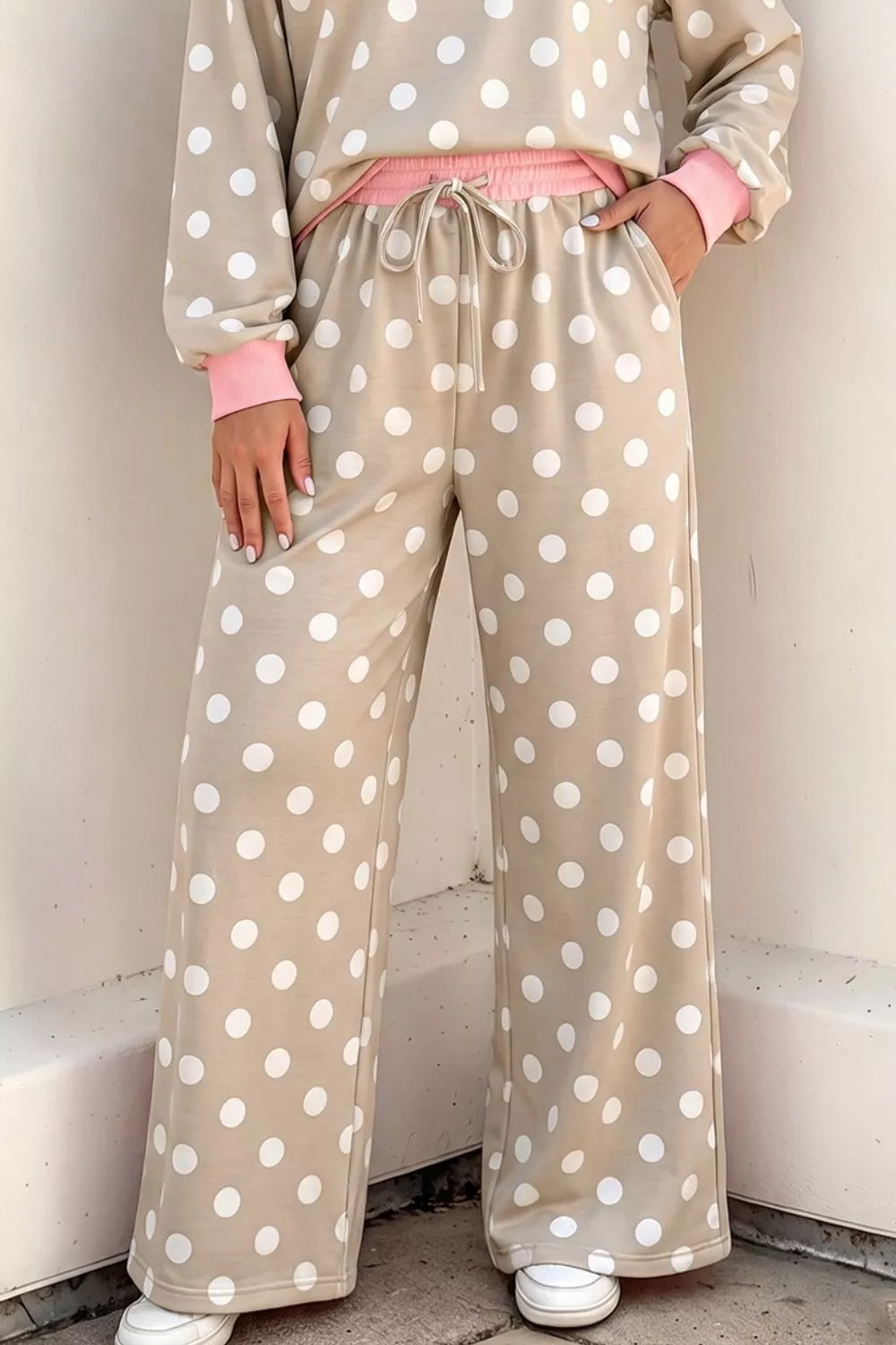 Polka Dot Contrast Trim Long Sleeve Top Drawstring Shift Pants Set, image 3