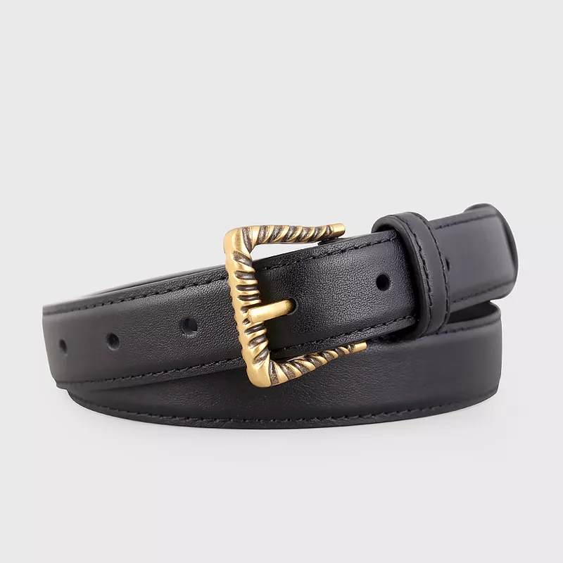 Leather Belt with Textured Gold Buckle