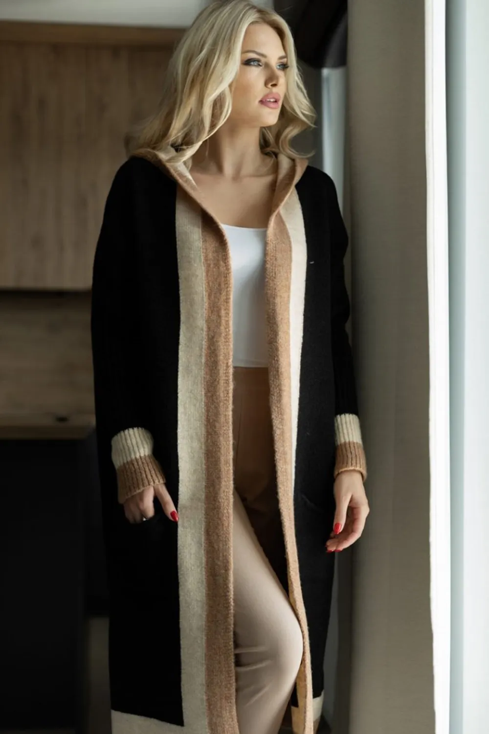 Pocketed Contrast Long Sleeve Hooded Cardigan, image 11