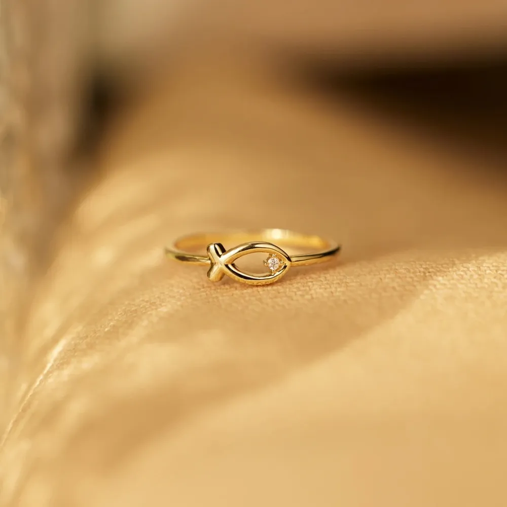 925 Sterling Silver Inlaid Zircon Fish Ring, image 4