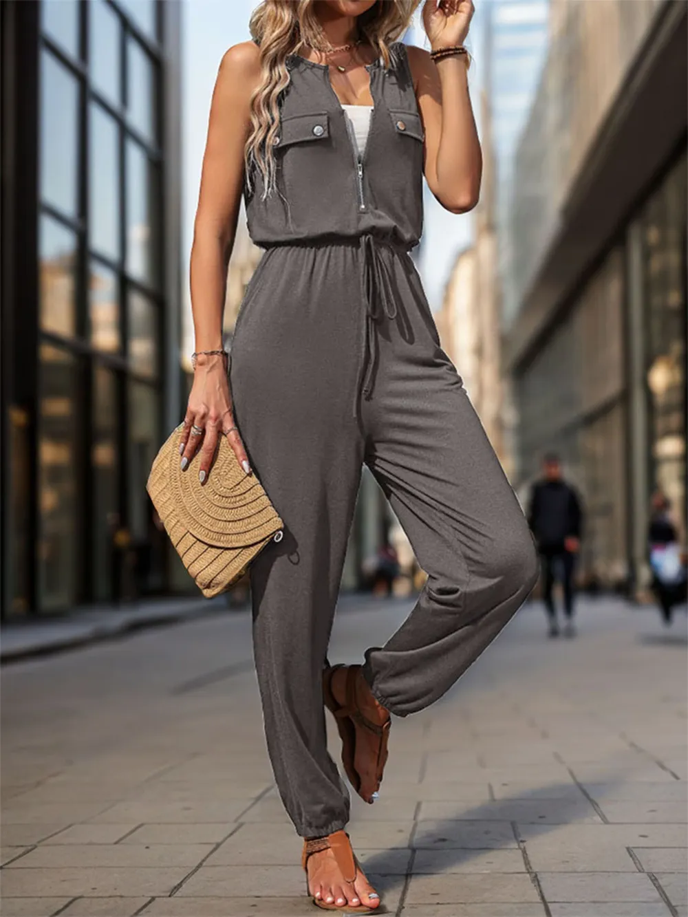 Drawstring Waist Sleeveless Jumpsuit, image 2