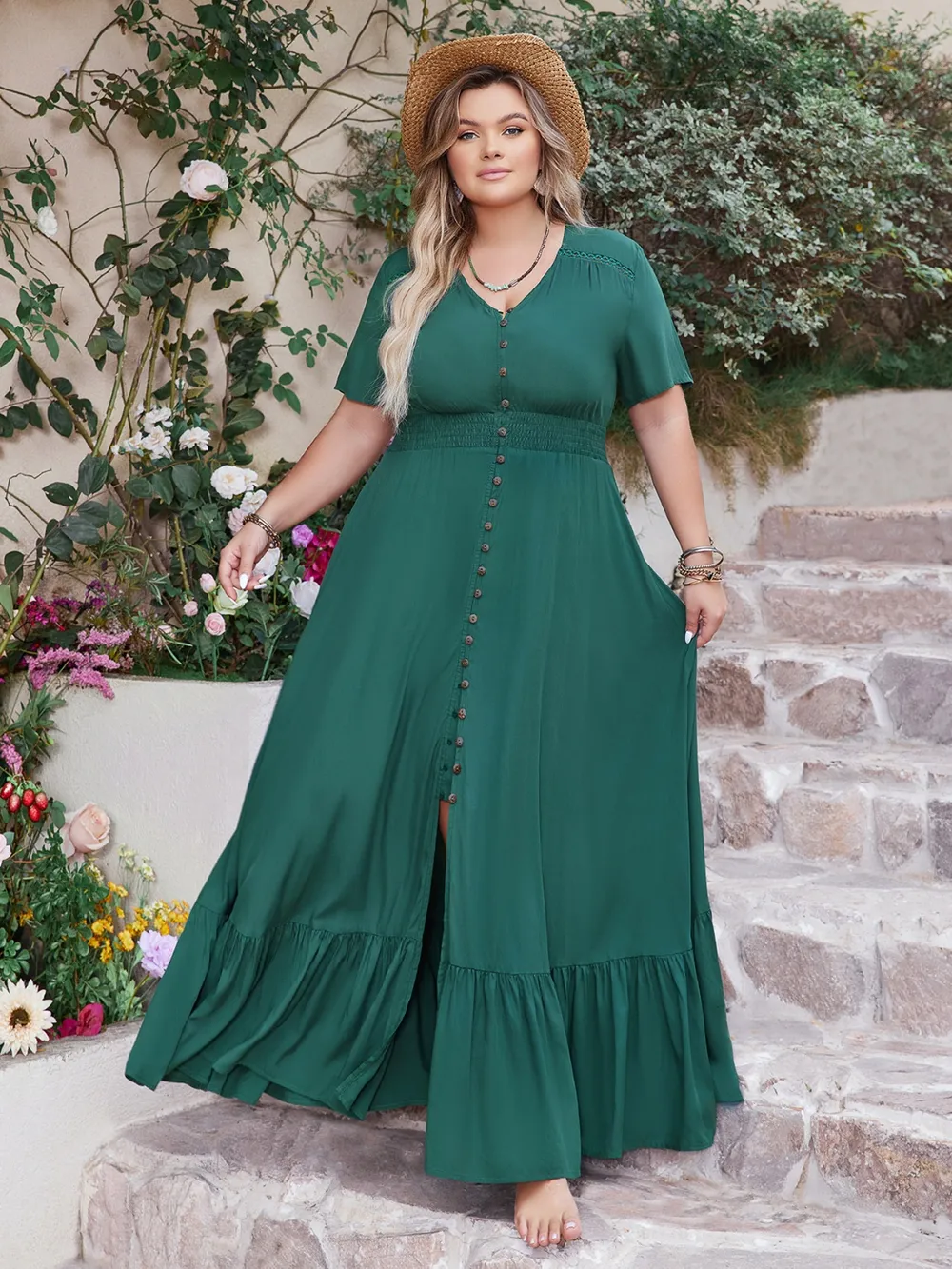 Plus Size Button Detail V-Neck Short Sleeve Maxi Dress, image 3