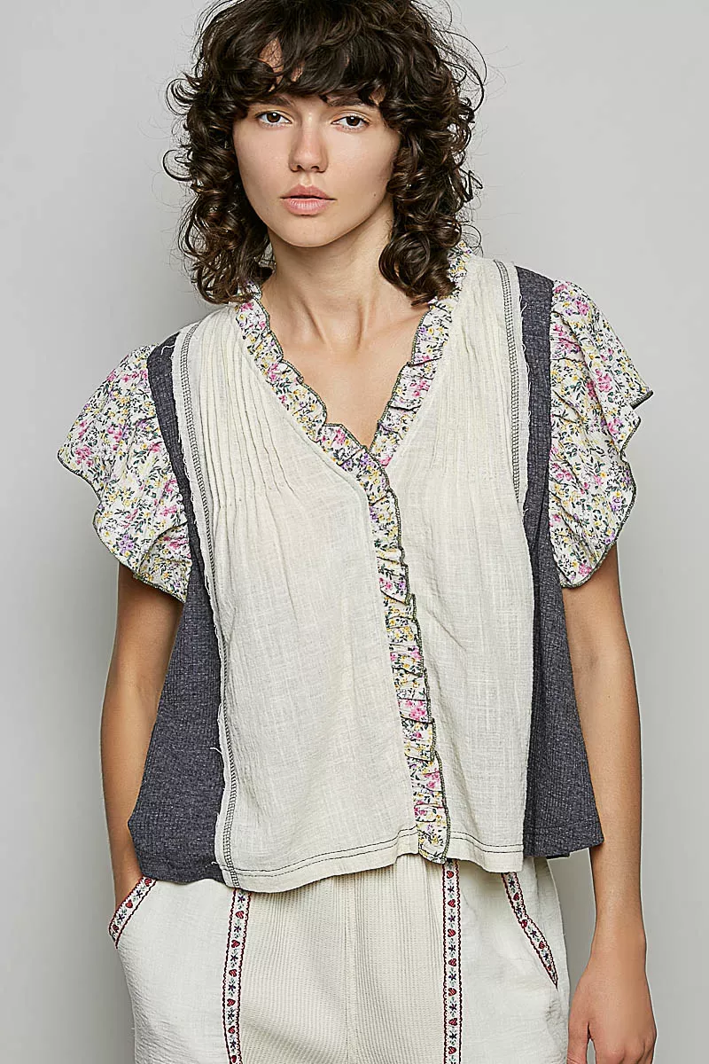 V-Neck Floral Ruffle Sleeve Blouse, image 2
