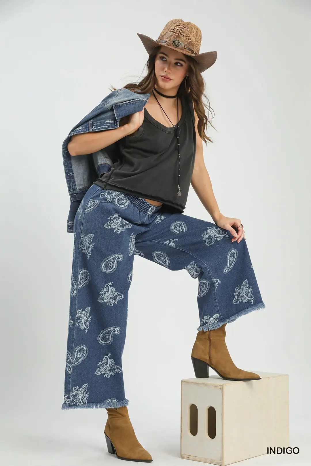 Denim Paisley Wide-Leg Pants, image 6