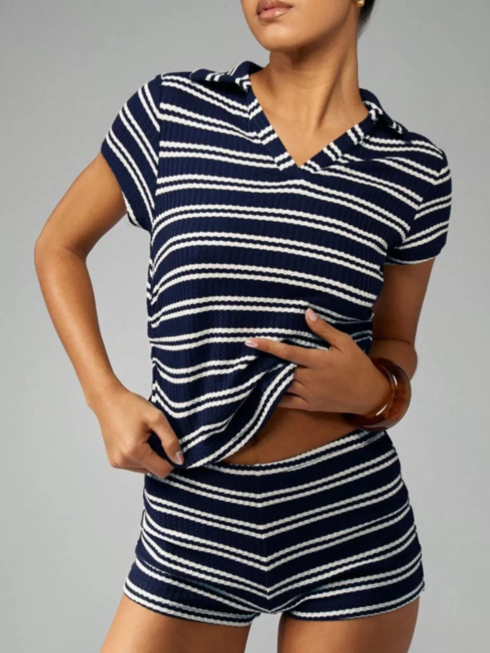 Striped Knit Short Sleeve Top & Shorts Set, image 13