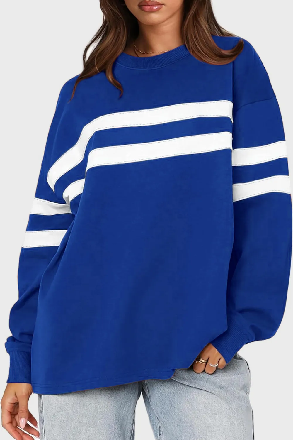 Striped Round Neck Dropped Shoulder Sweatshirt, image 2