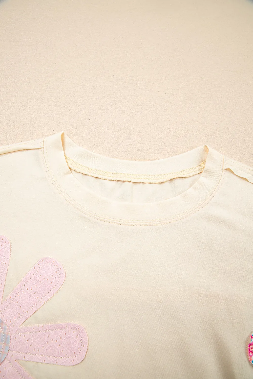 Flower Patched Exposed Stitching Trim Crew Neck Loose Tee, image 2