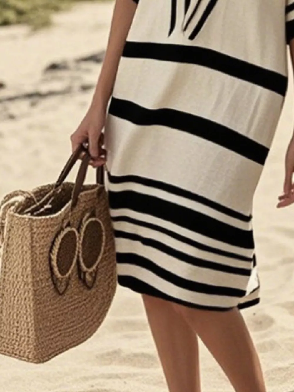 Full Size Striped Half Sleeve Midi Dress Plus Size, image 15