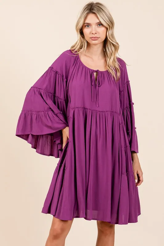 Frill Tie Neck Bell Sleeve Dress, image 2
