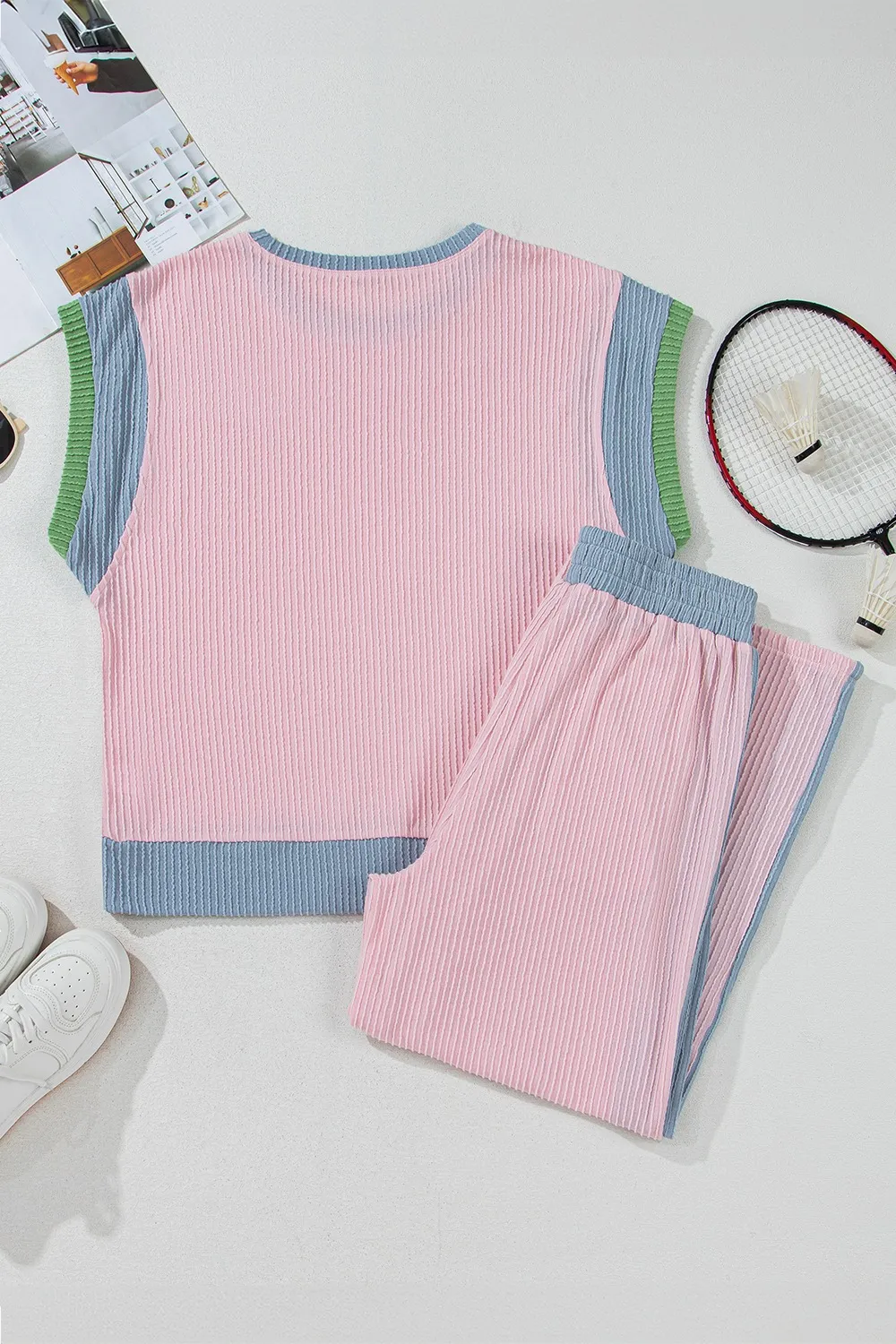 Contrast Round Neck Top and Pants Set, image 4