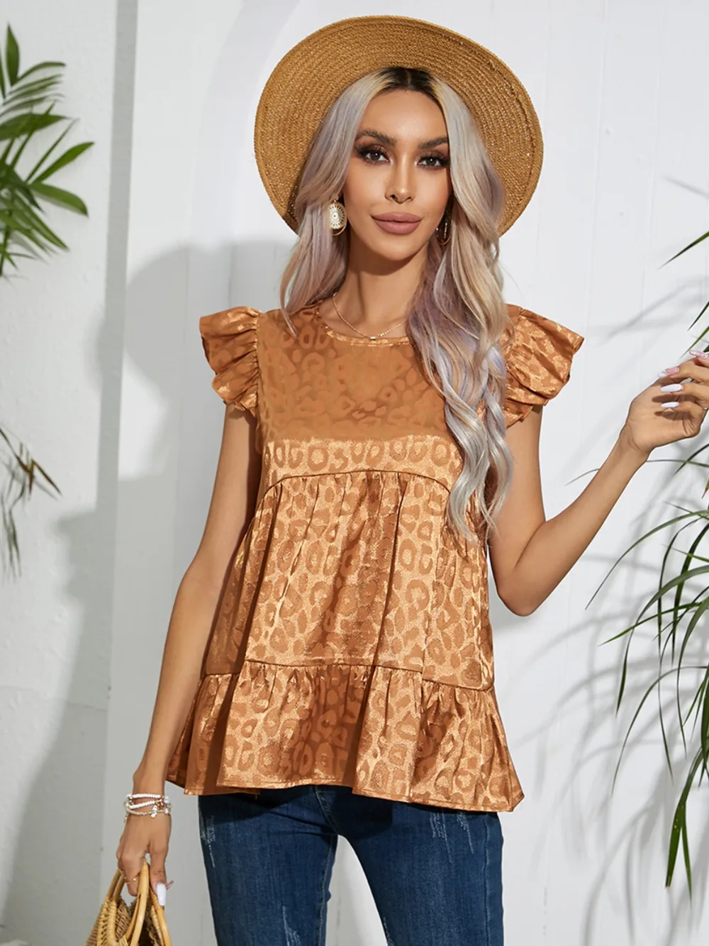 Full Size Ruffled Leopard Cap Sleeve Top, image 2