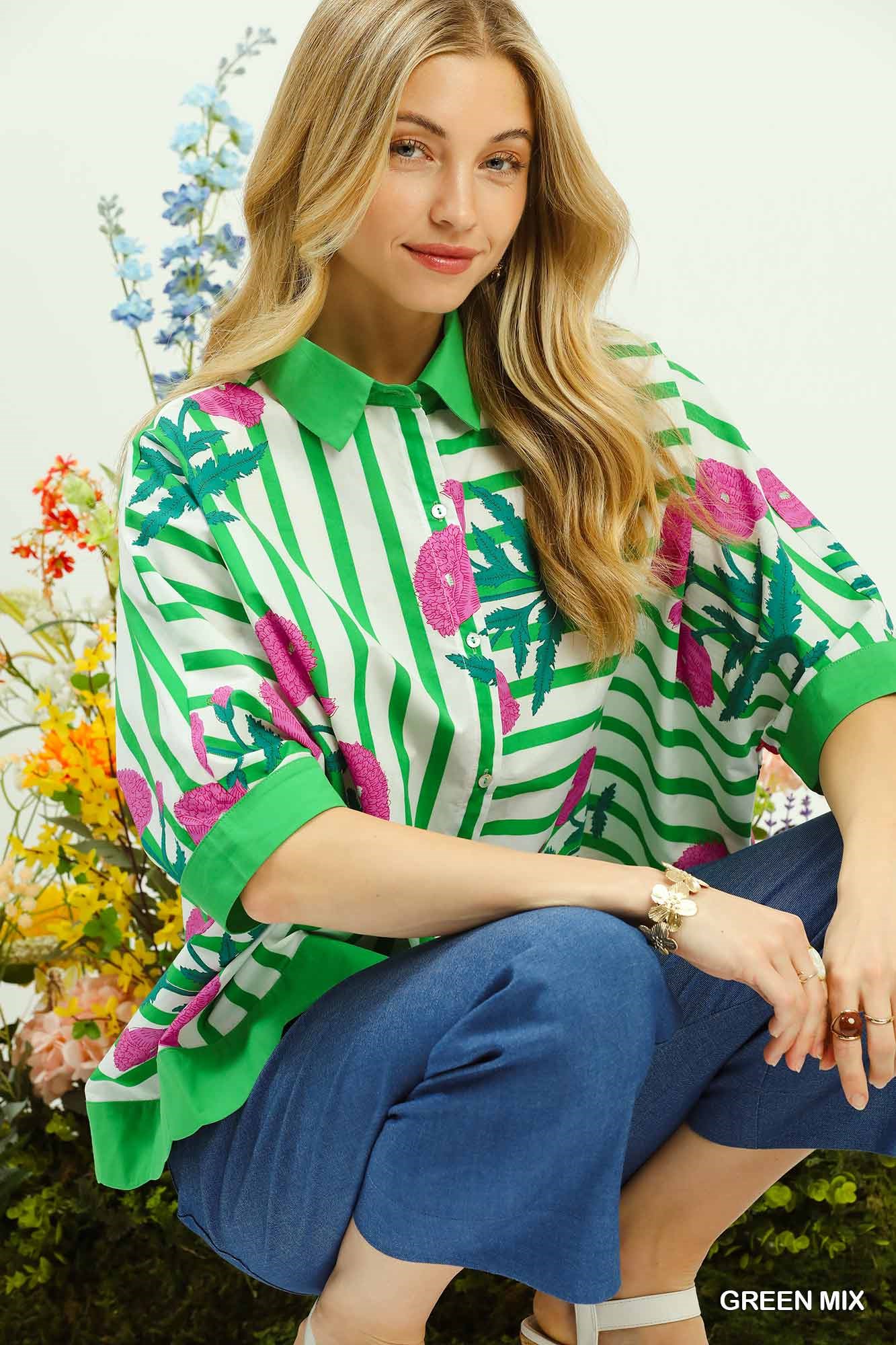 Mix Floral Stripe Button Down Top