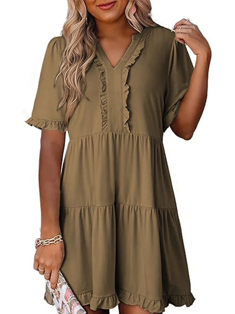 Tiered Notched Short Sleeve Mini Dress, image 2
