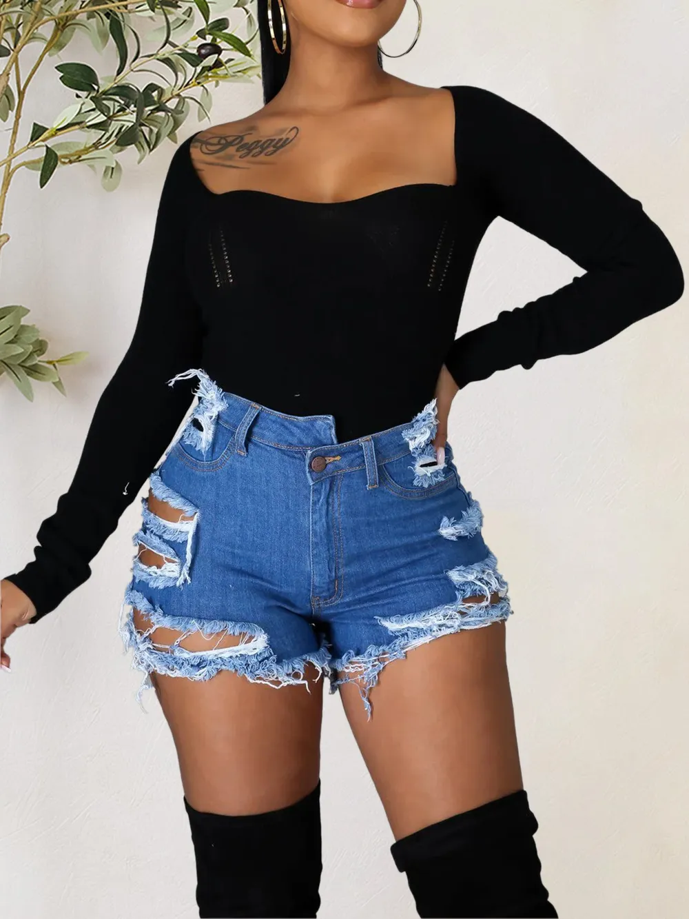 Distressed Raw Hem Denim Shorts with Pockets, image 3