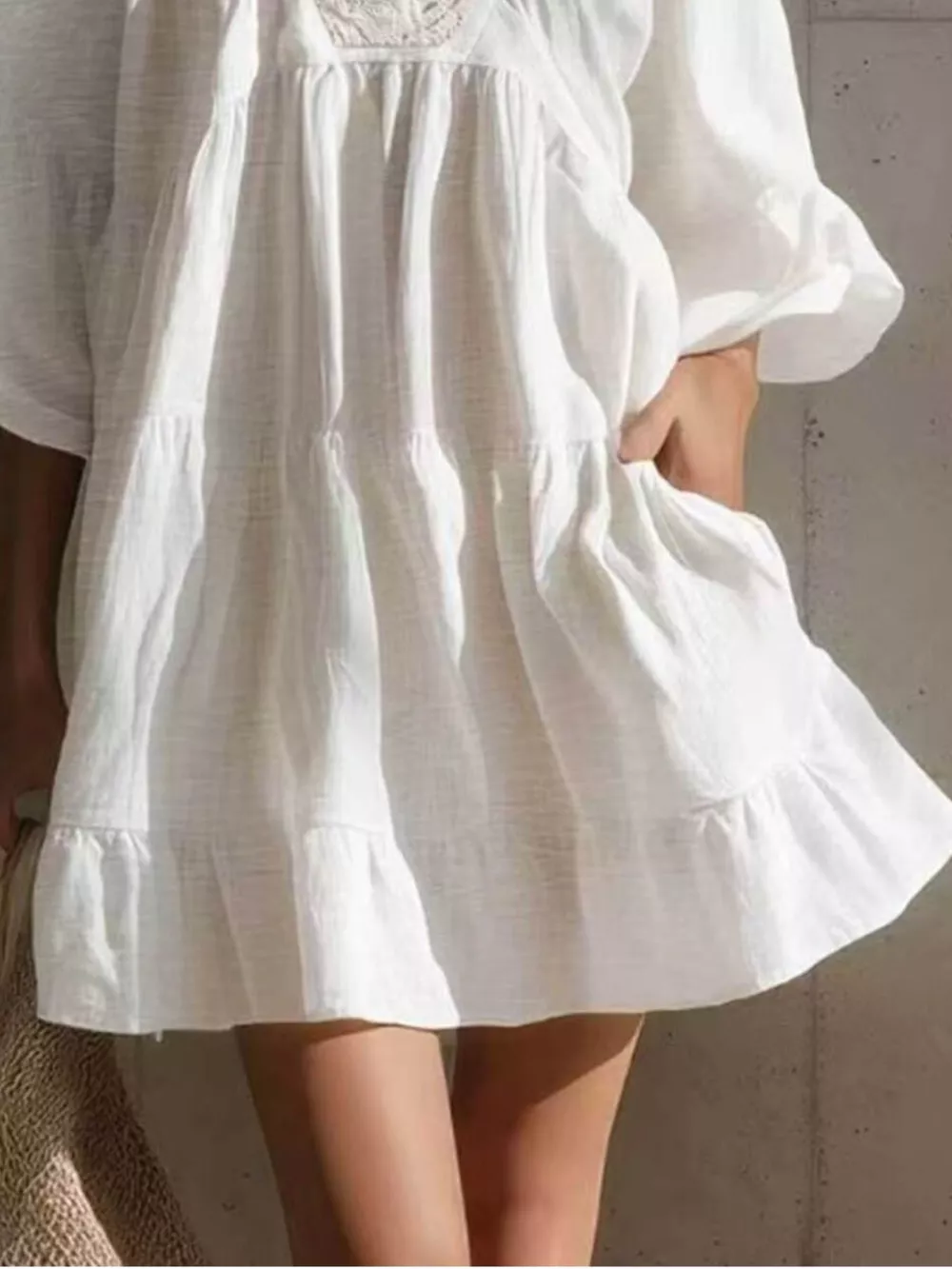 Full Size Lace Trim Puff Sleeve Mini Dress Plus Size, image 4